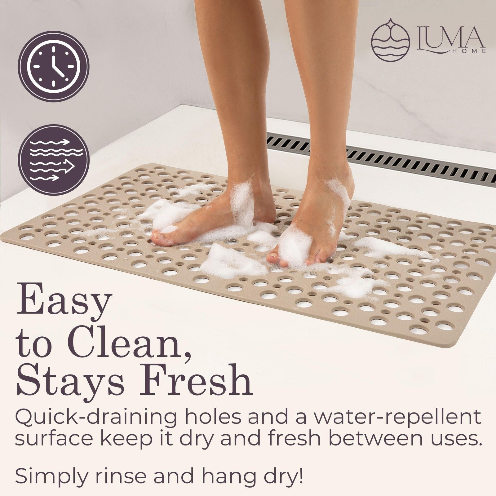 LUMA HOME beige non-slip shower and bathtub mat with strong suction cups, made of TPE for safety and comfort.