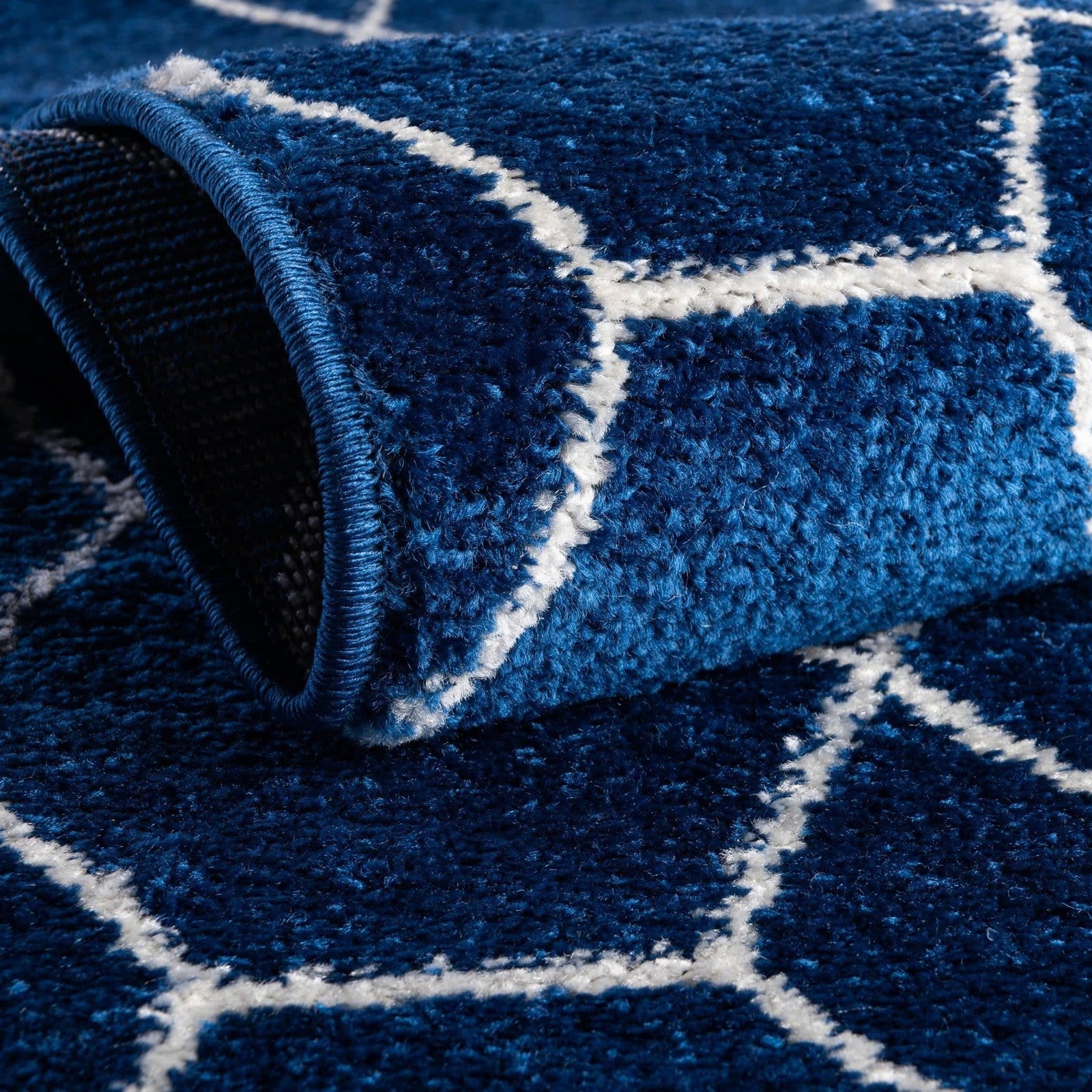 Navy geometric area rug from Unique Loom Trellis Frieze Collection, 2x10 runner with intricate pattern and textured design.