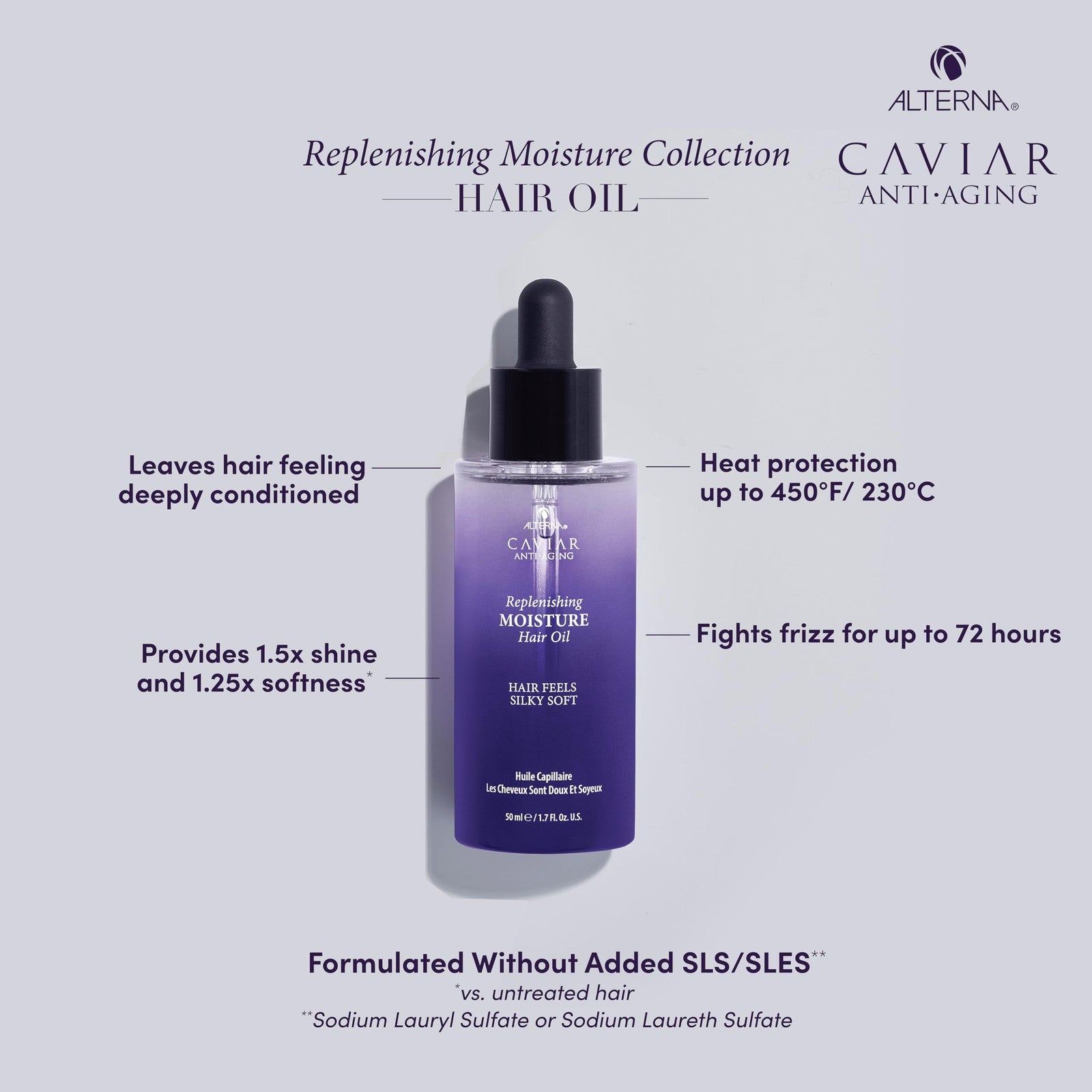 Alterna CAVIAR Anti-Aging Replenishing Moisture Hair Oil 1.7 oz bottle with a clear pump dispenser, shown on a neutral background.