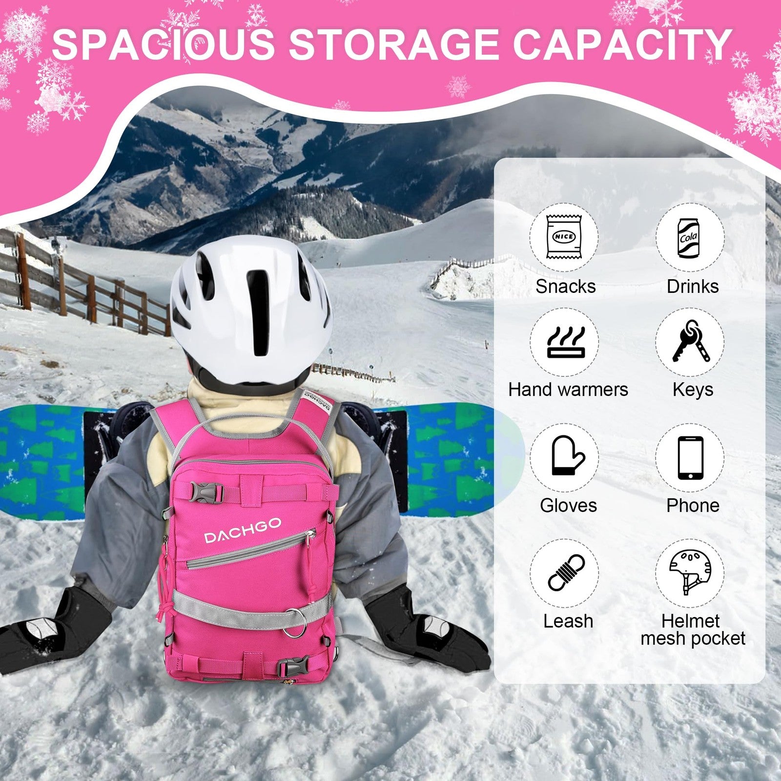 Dachgo kids ski and snowboard harness with adjustable leash and removable seat, shown on a child in winter gear on snowy background.