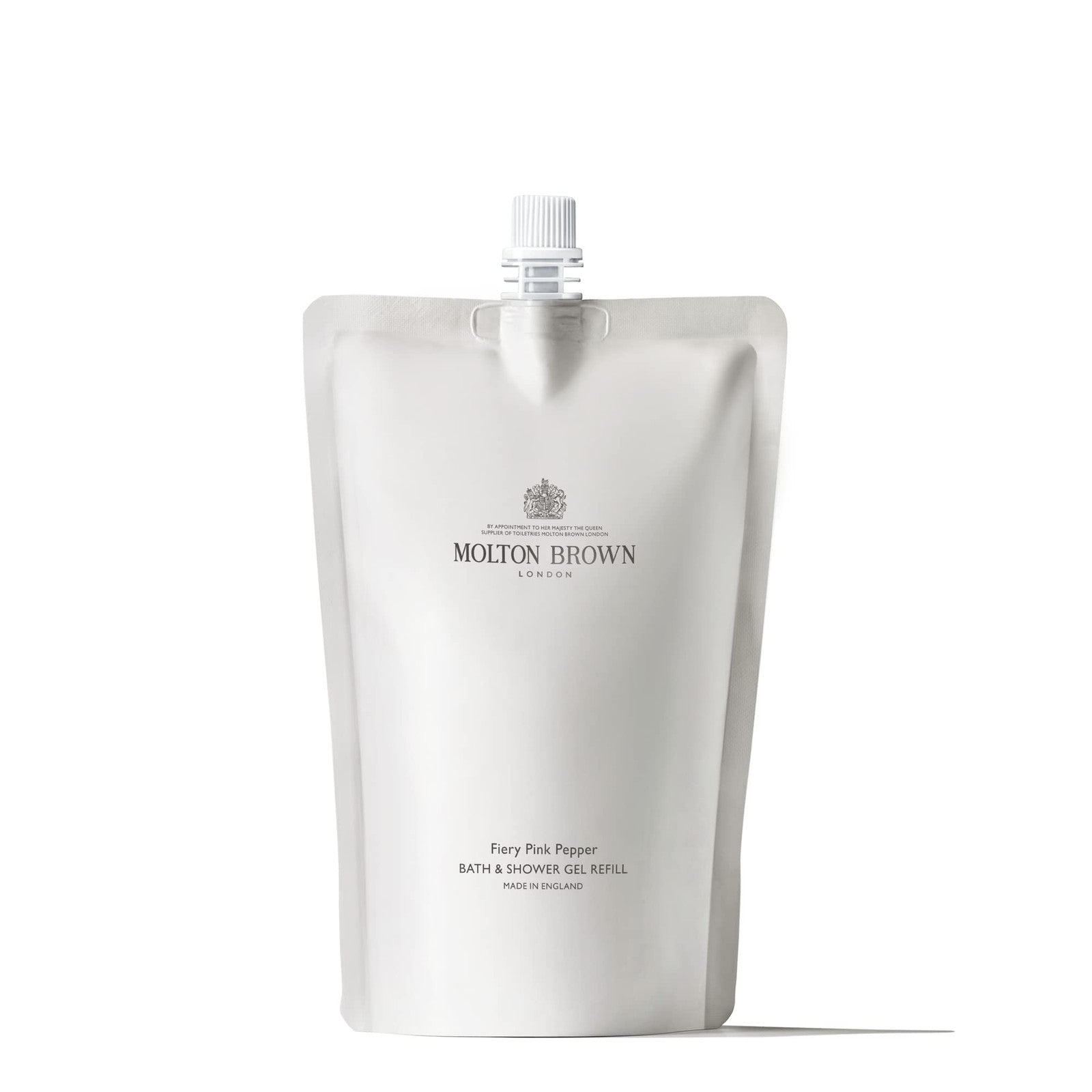 Molton Brown Fiery Pink Pepper body wash refill bottle, 13.5 fl oz, with vibrant pink and red packaging and branding.