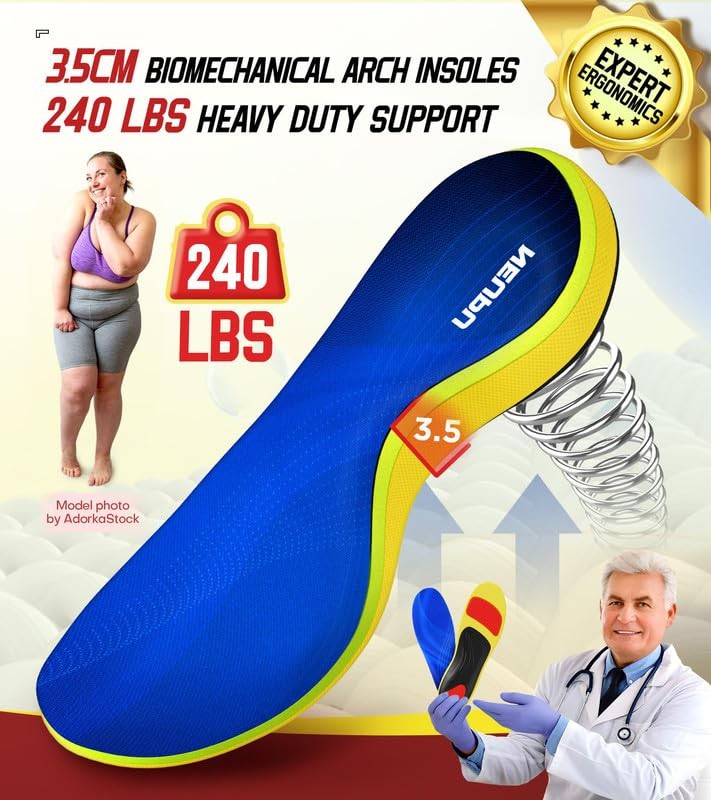 NEUPU plantar fasciitis relief insoles for men and women with memory foam cushioning and over 240 lbs support in a shoe insert.