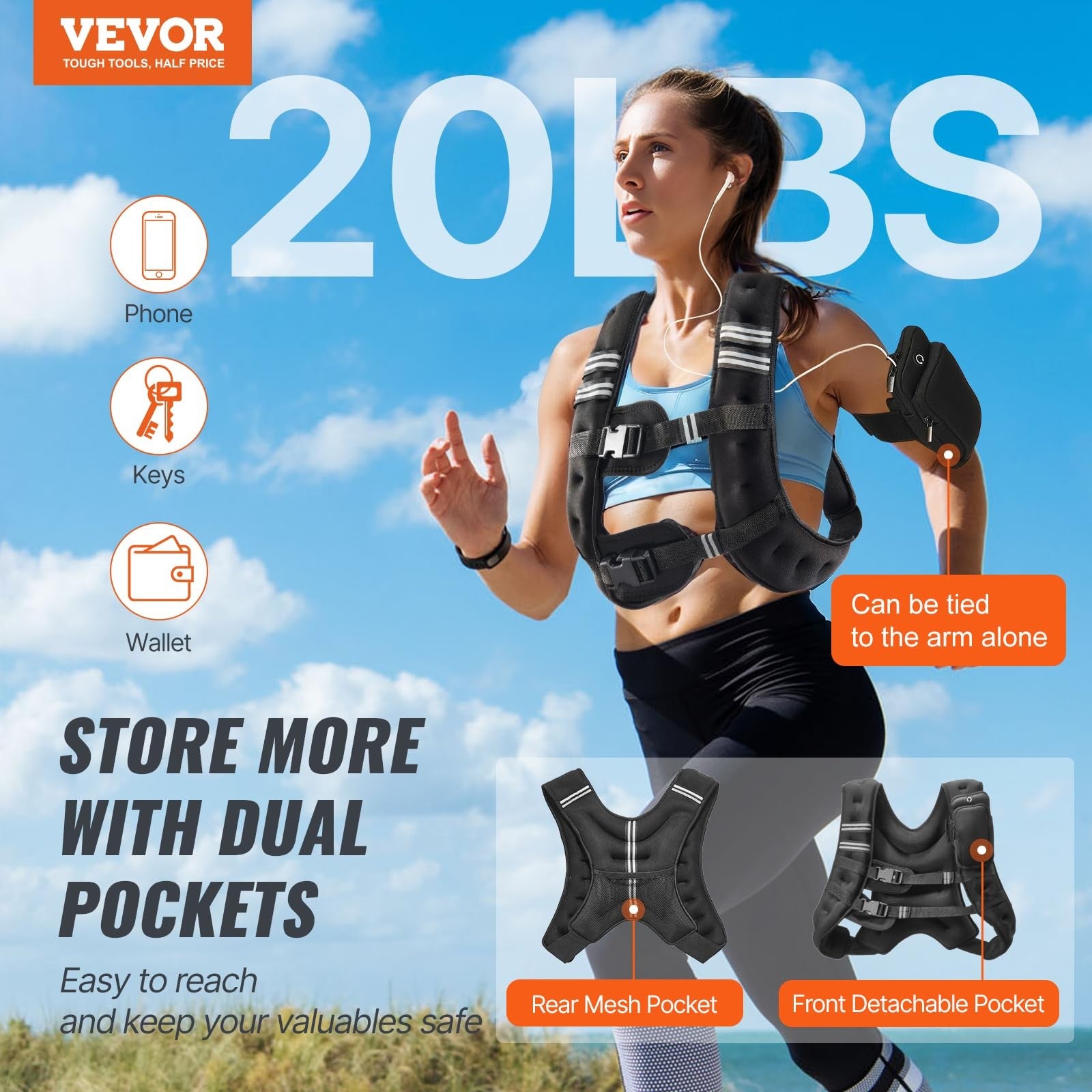 VEVOR 20 lbs weighted vest with adjustable straps and reflective stripe for fitness and strength training.