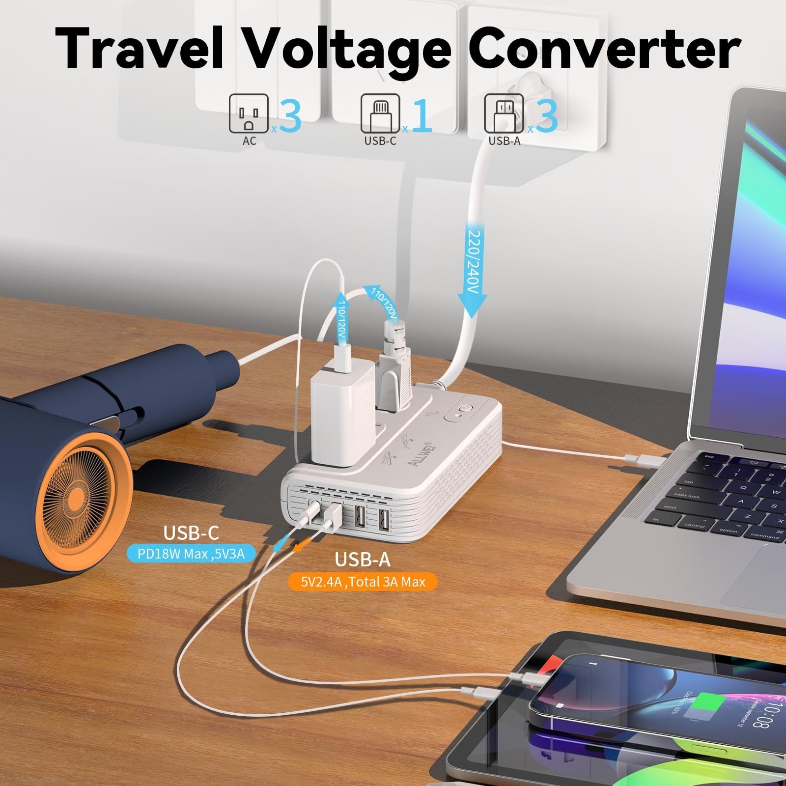 ALLWEI 2000W travel voltage converter converting 220V to 110V for European travel, with power switch and compact design