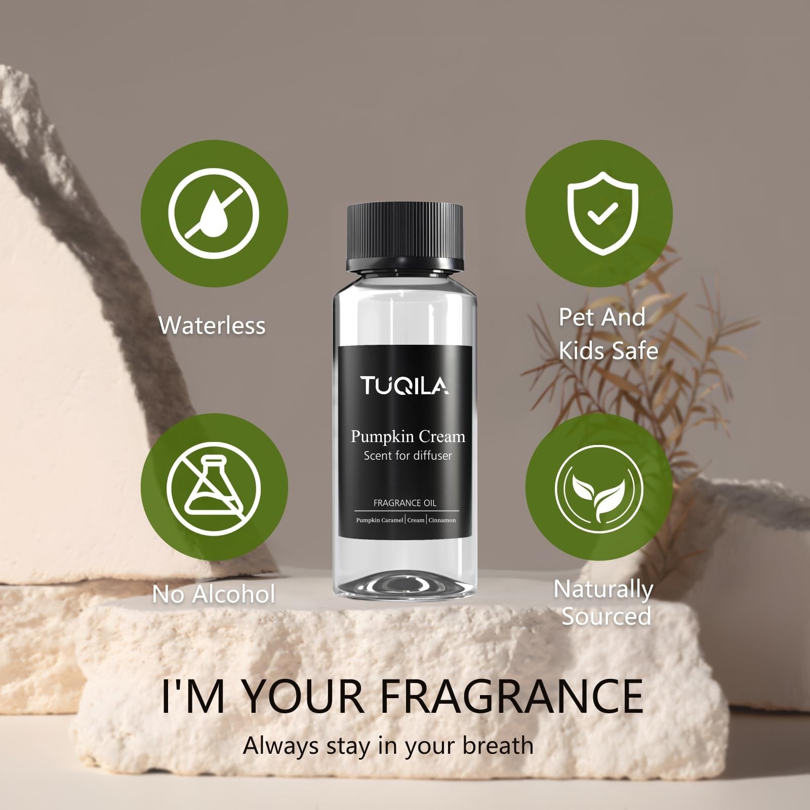 Tuqila Pumpkin Cream waterless diffuser essential oil in 120ml bottle, luxury scent for home aromatherapy and ambiance.