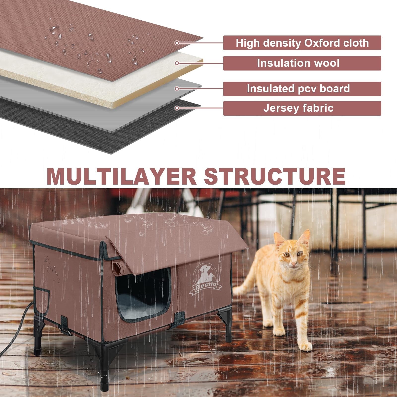 Heated outdoor cat house with elevated base and eave design by Bestio, providing warmth and shelter for outdoor cats.