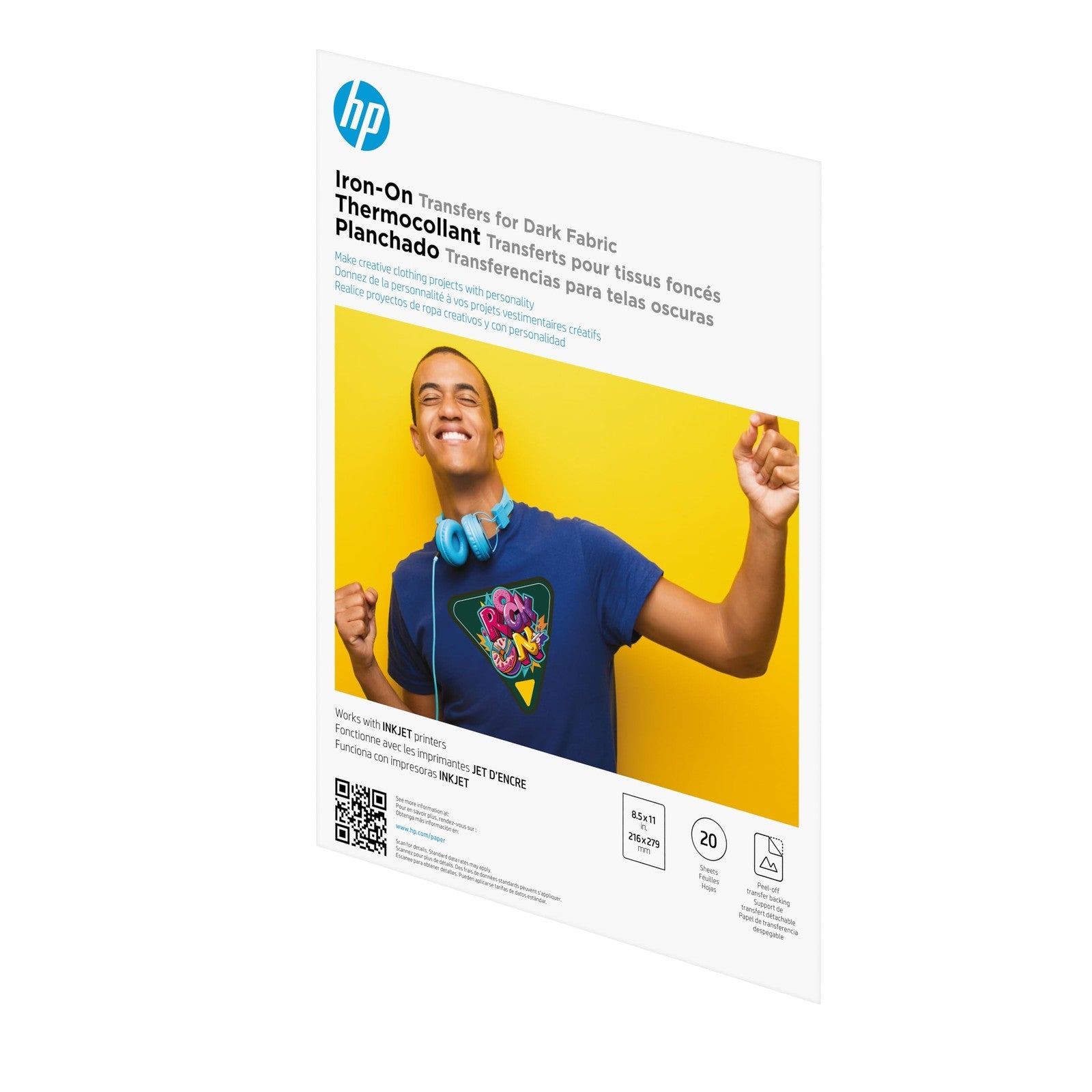 HP iron-on transfers for dark fabric, 8.5 x 11 inch sheets, set of 20, showing printed transfer sheets on fabric.