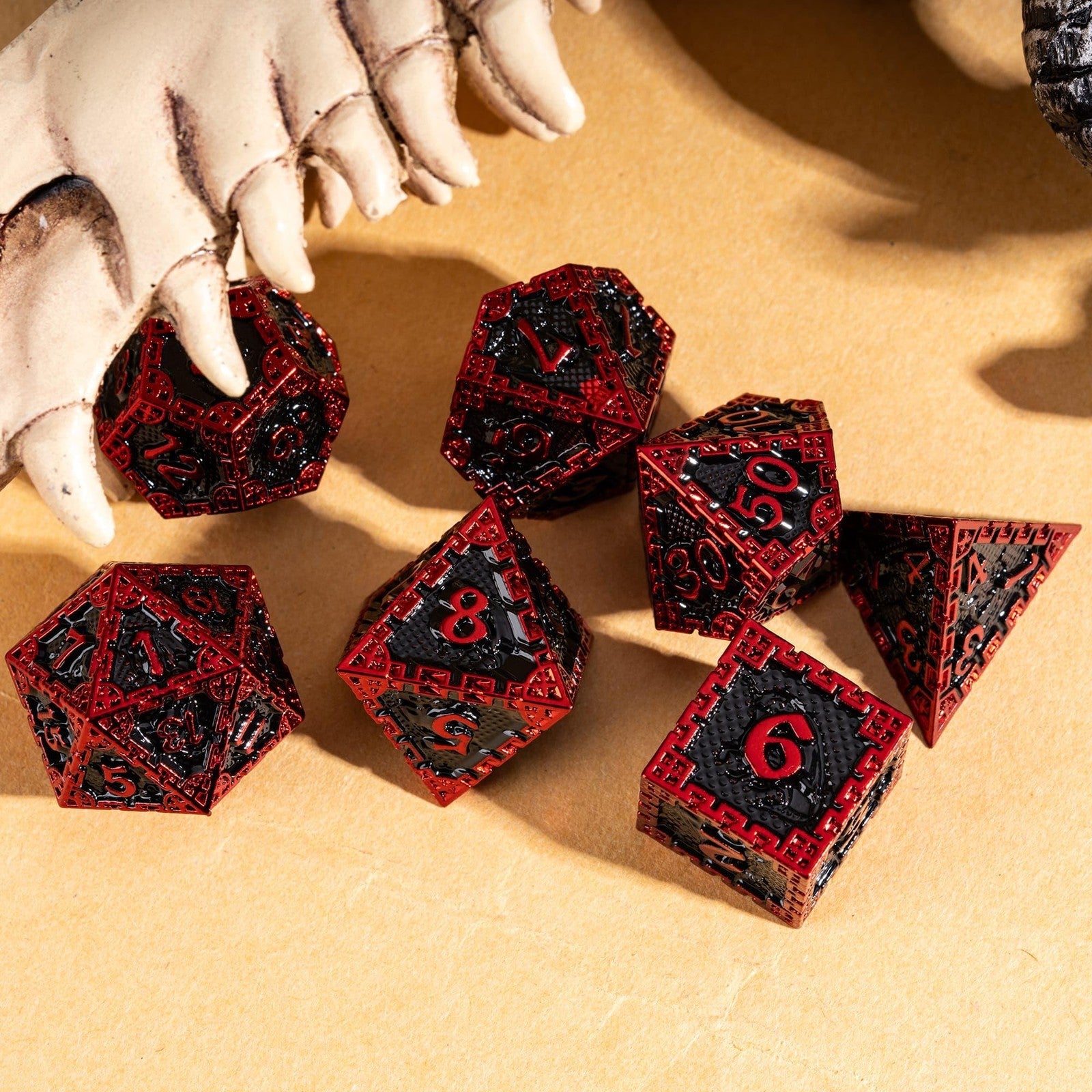 UDIXI metal D&D dice set with seven polyhedral dragon-themed metal dice for tabletop role-playing games, displayed on a dark background.