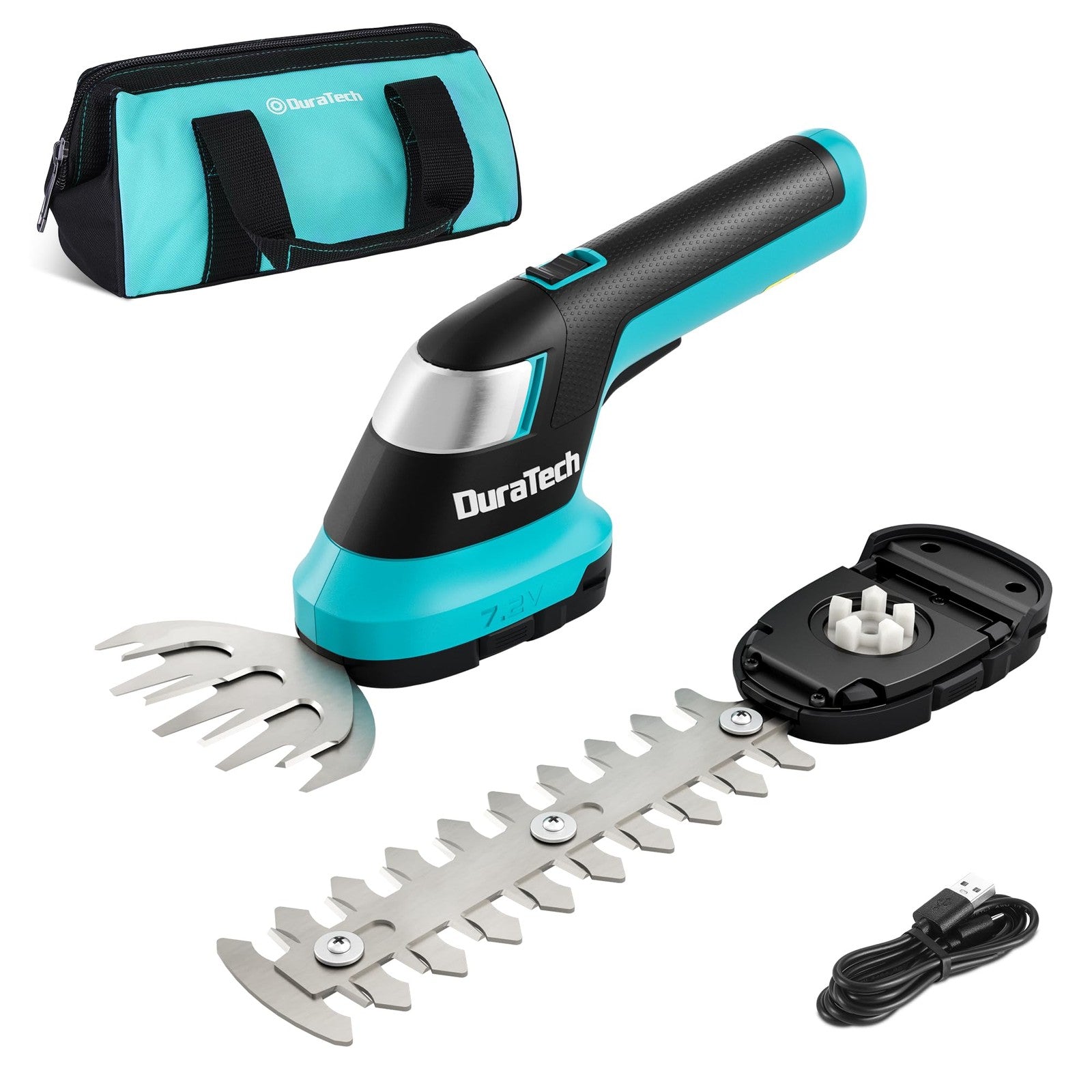 DURATECH cordless hedge trimmer and grass trimmer with 7.2V rechargeable battery, handheld and 2-in-1 garden tool.