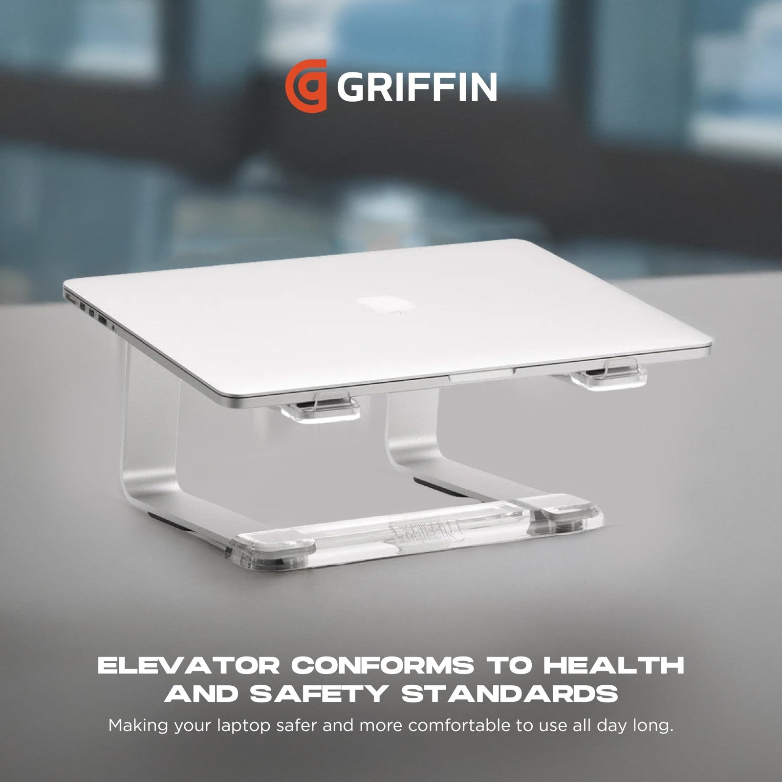 Griffin Elevator ergonomic aluminum laptop stand with adjustable height and tilt for improved computer workspace.