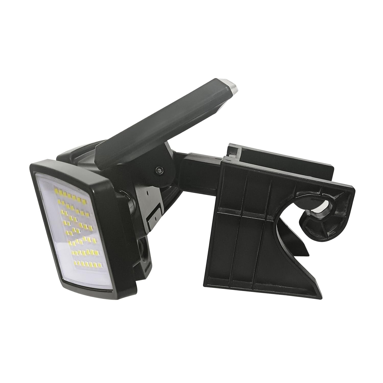 TOOLESS AMS1971 1000-lumen gutter-mount triple-head solar security light mounted on eaves, with adjustable heads and solar panel.