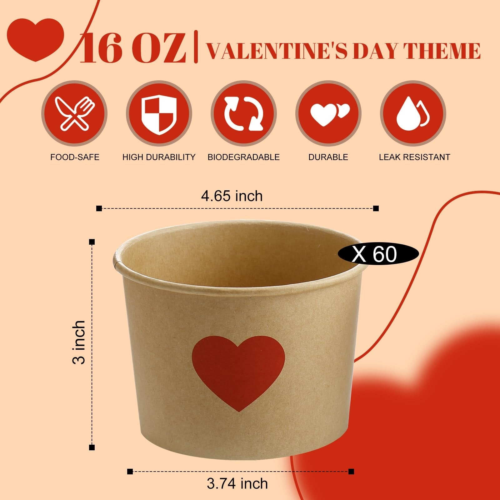 Hsei 60-pack of 16oz Valentine's Day disposable soup bowls and heart-shaped ice cream cups for parties and celebrations