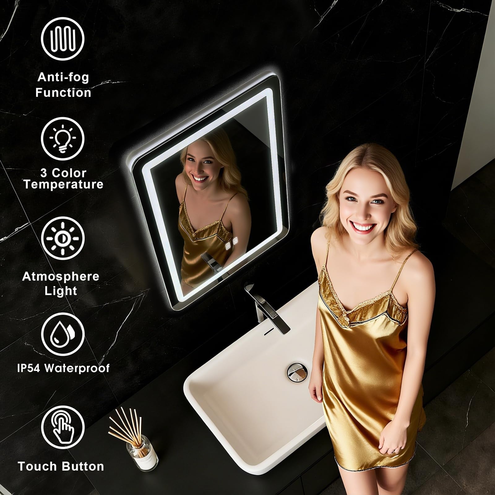 WARM&LOVE LED bathroom mirror, 16x24 inch anti-fog mirror with integrated lights and stepless dimming, suitable for modern bathrooms.