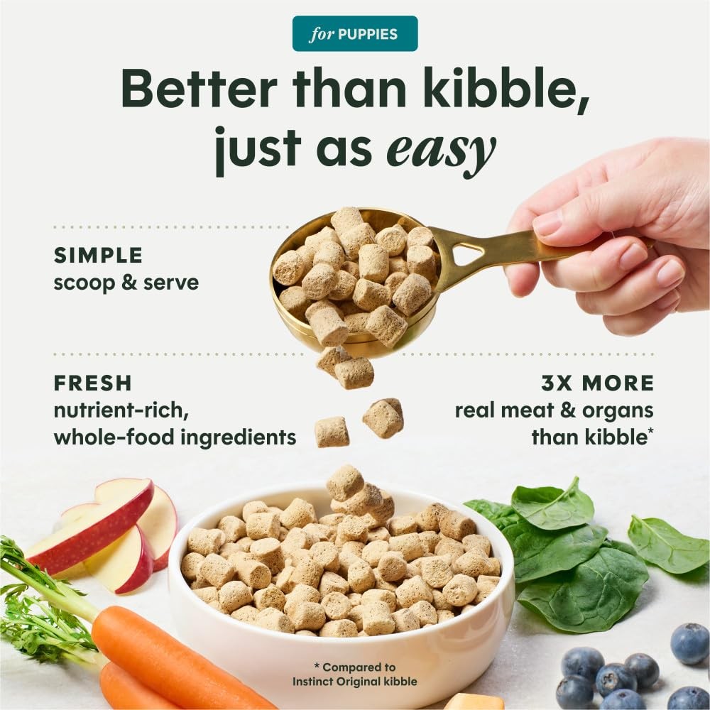 Instinct Puppy Freeze-Dried Dog Food with chicken, grain free, 3x more meat, in a resealable bag showing the product packaging.