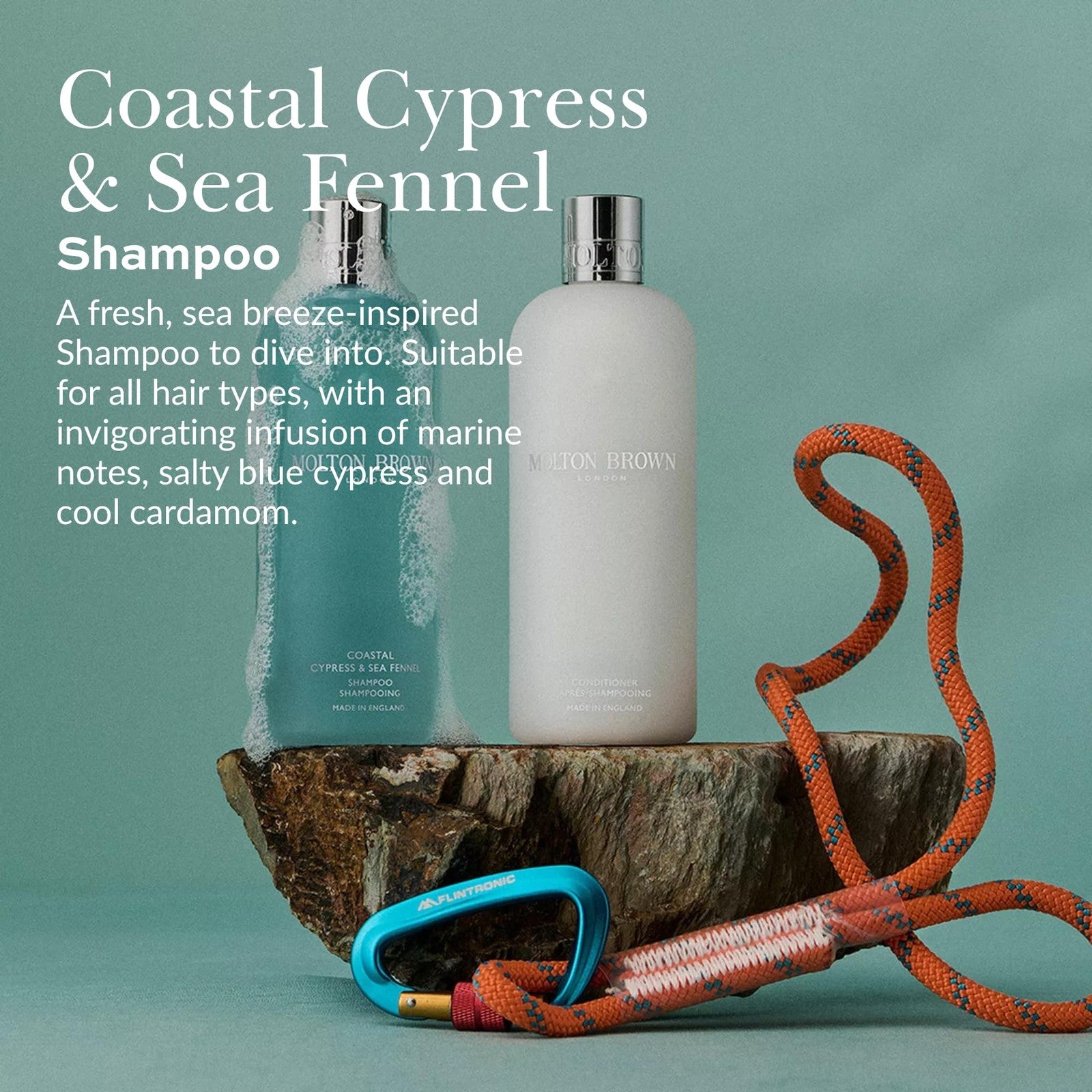 Molton Brown Coastal Cypress & Sea Fennel Shampoo bottle with sleek design and label featuring natural coastal imagery.