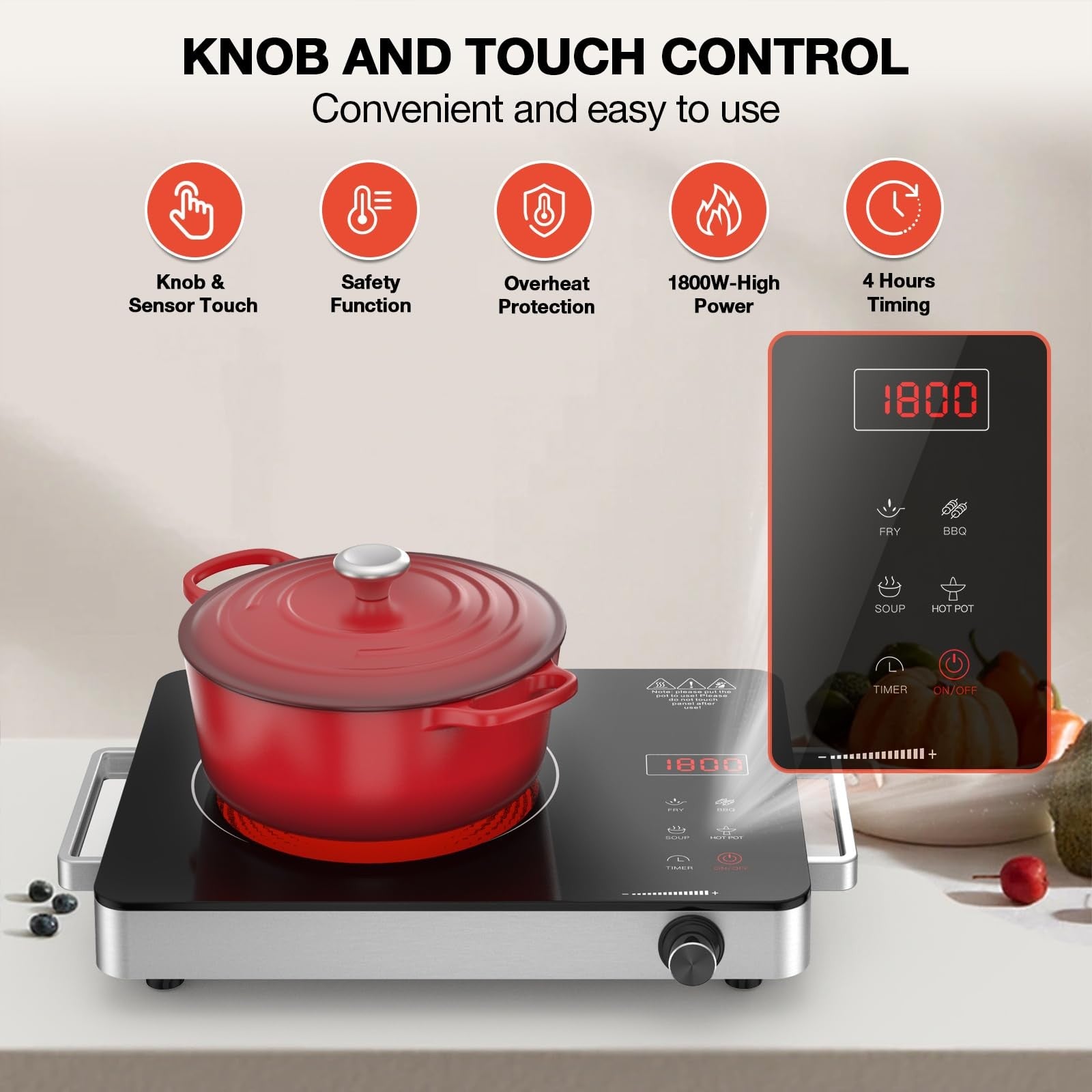 Portable electric cooktop by GTKZW with 1800W single burner, black glass surface, and plug-in design, ideal for compact cooking.