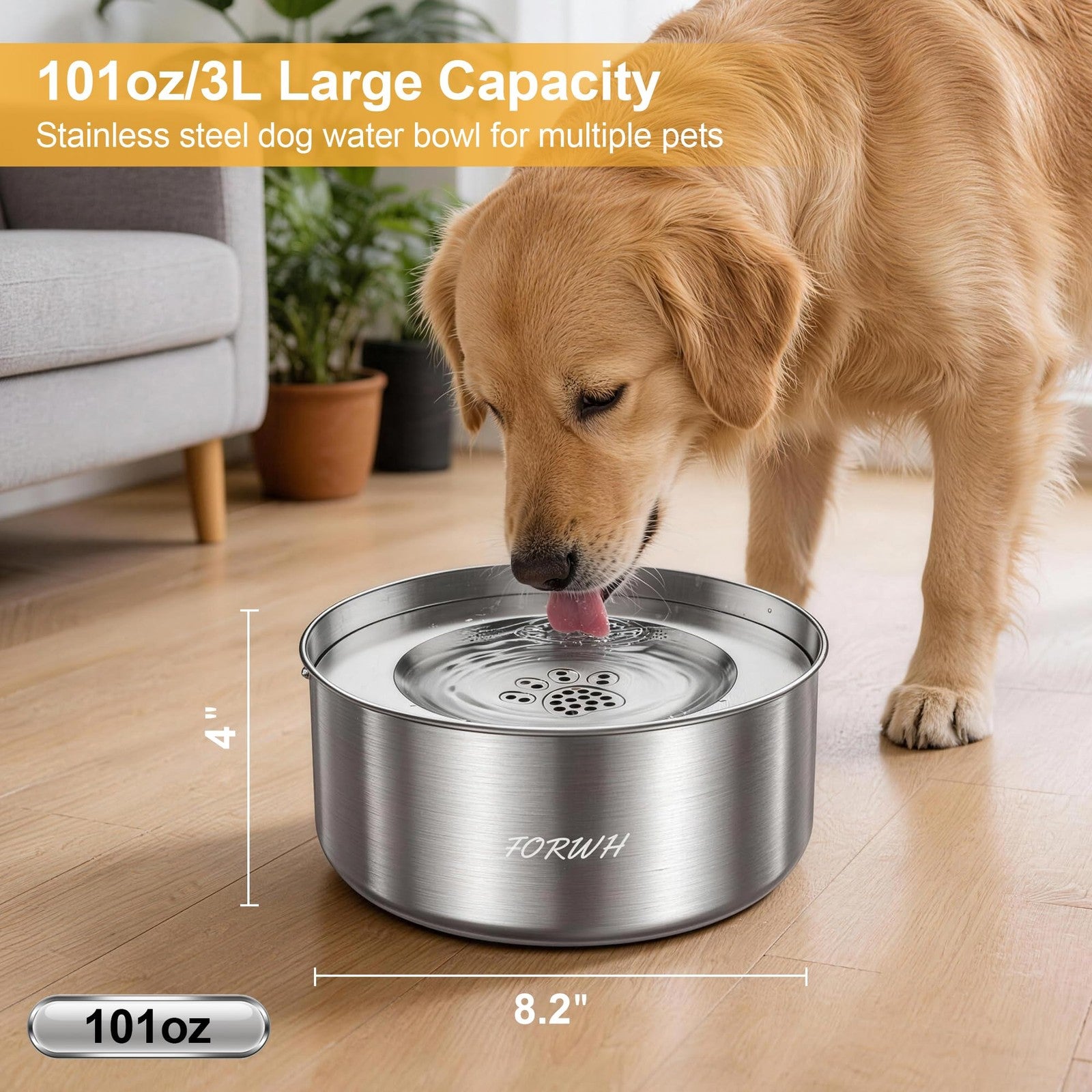 Large capacity stainless steel dog water bowl by FORWH with no spill design, 101oz (3L) pet water dispenser for dogs.