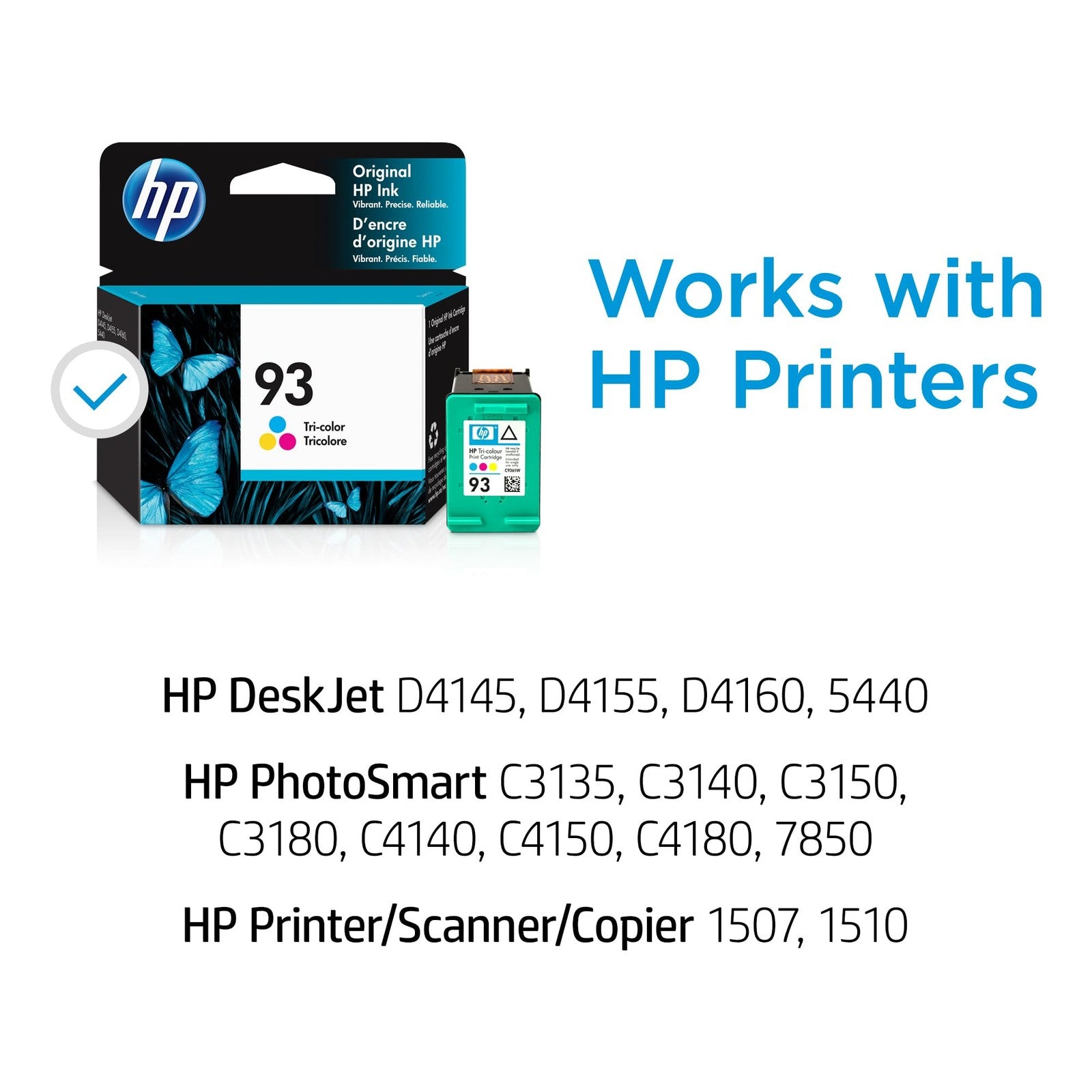 HP Original 93 Tri-Color Ink Cartridge for DeskJet D4100 and PhotoSmart C3100 printers, shown in the image.