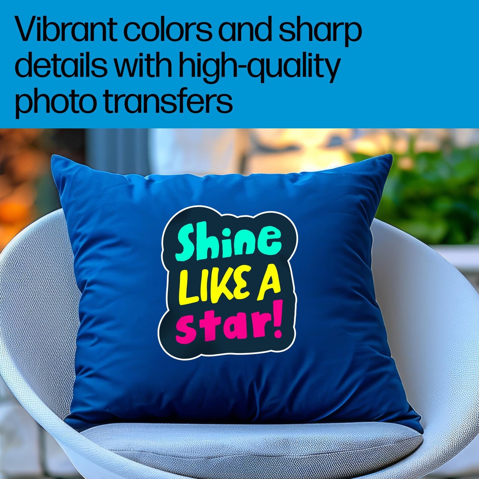HP iron-on transfers for dark fabric, 8.5x11 inches, 20 sheets, showing transfer sheets with colorful printed designs on dark fabric