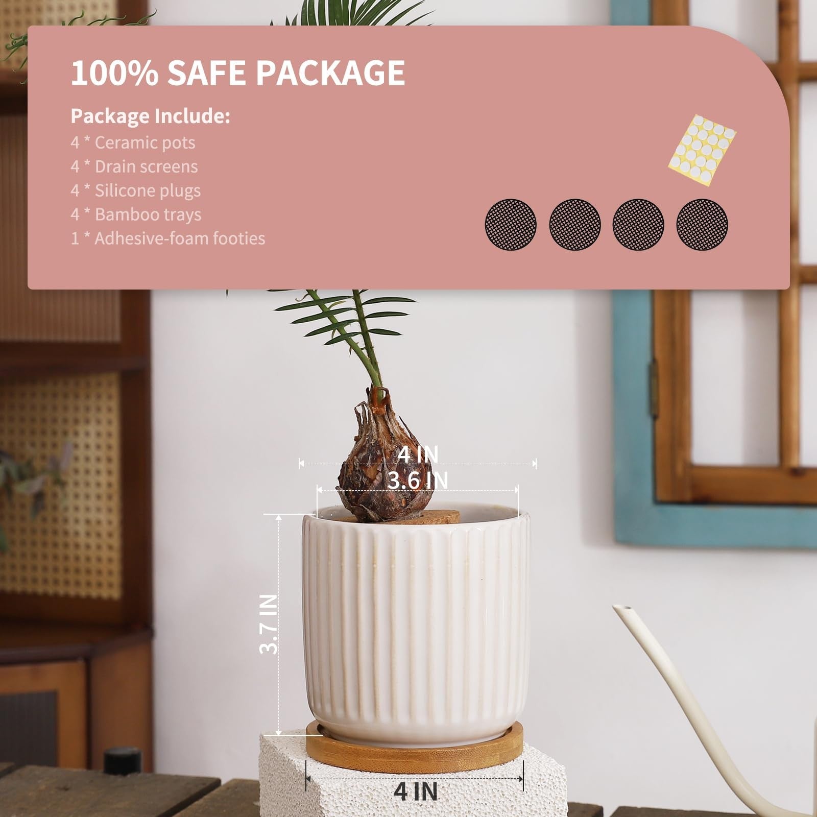 OMAYKEY 4-inch ceramic plant pot with saucer, featuring a creative stripe design for small indoor or outdoor plants.