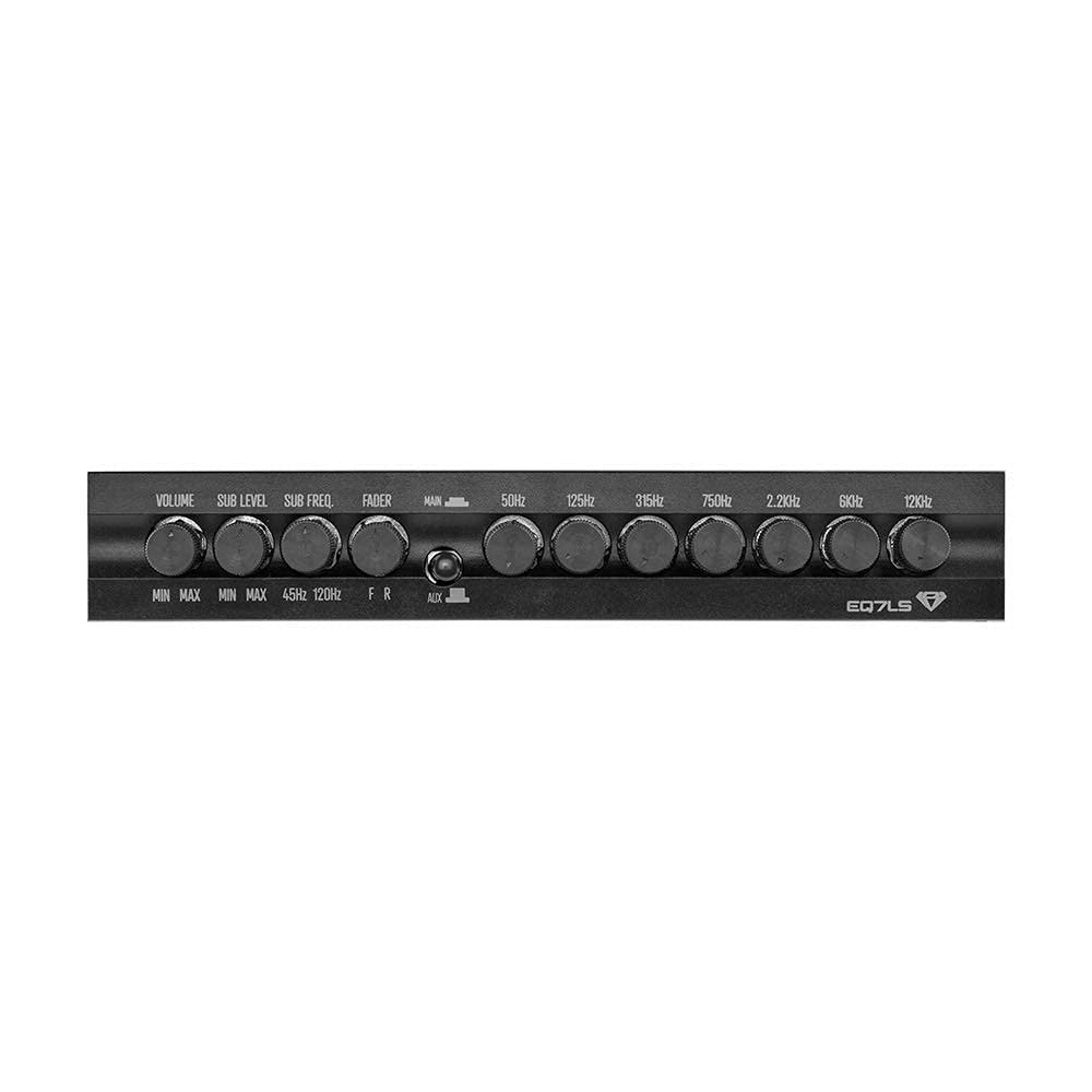Black Diamond EQ7LS 7-band stereo equalizer and crossover preamp for car audio, showing control knobs and display panel.