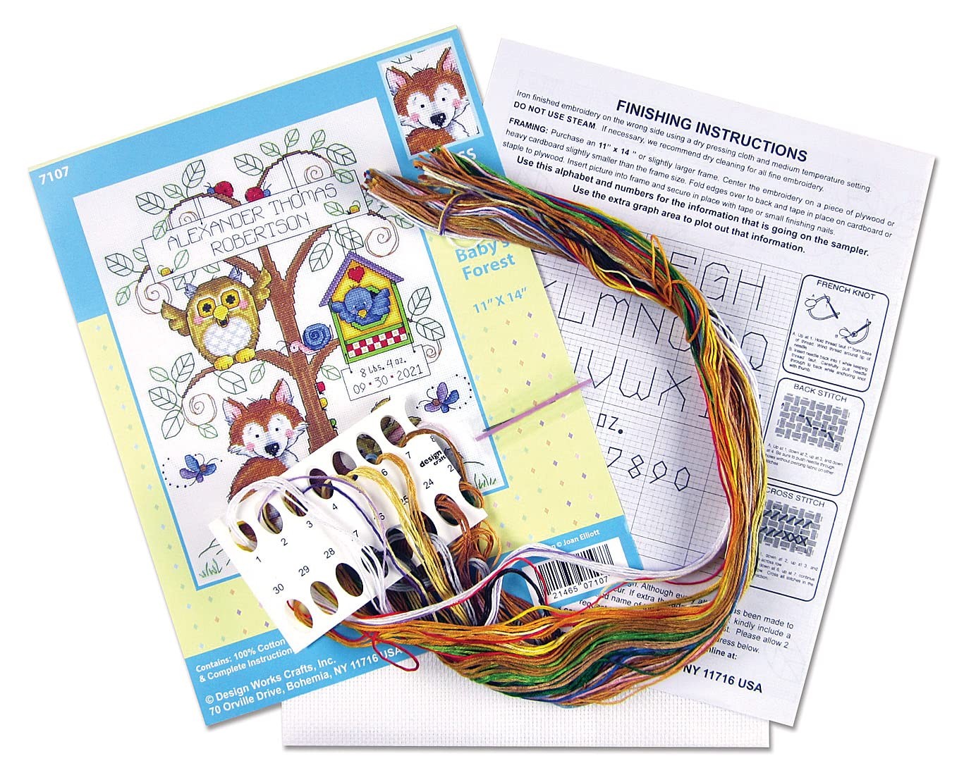 Design Works Crafts Baby's Forest Counted Cross Stitch Kit featuring colorful fabric, thread, and pattern for embroidery project.