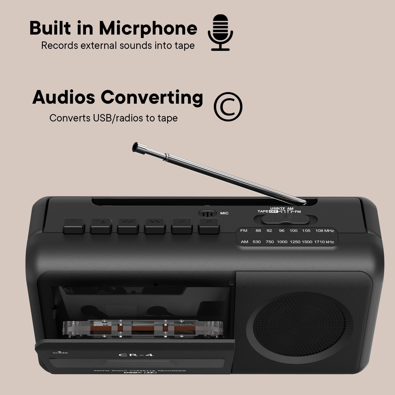 KUEPHOM portable cassette tape recorder and boombox radio with AM/FM tuner, compact design, and built-in speakers.