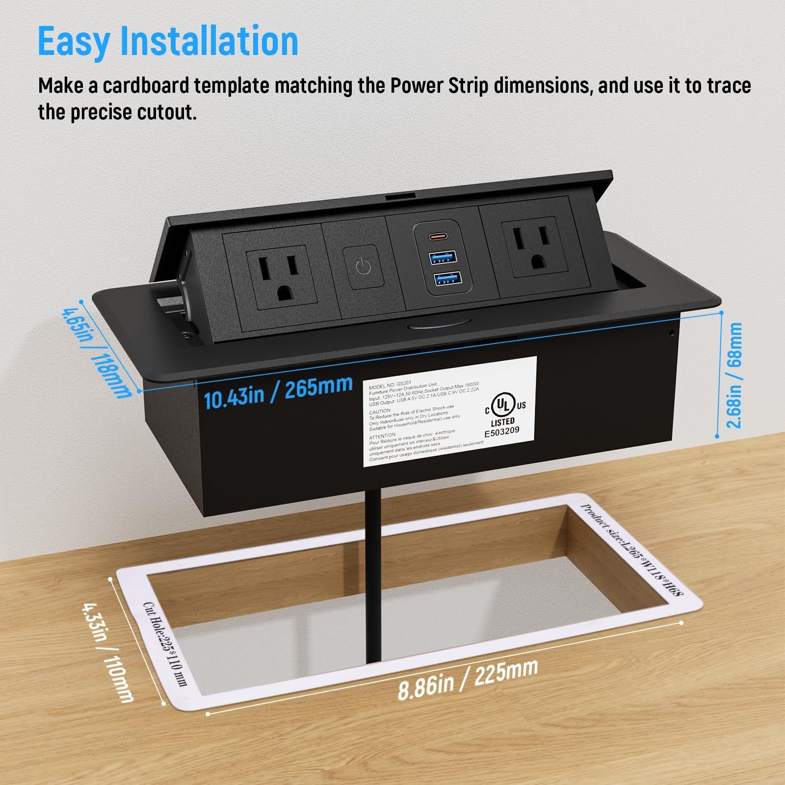 Sussex recessed power strip with pop-up outlet featuring 2 AC outlets, 2 USB-A ports, and 1 USB-C port on a modern surface.