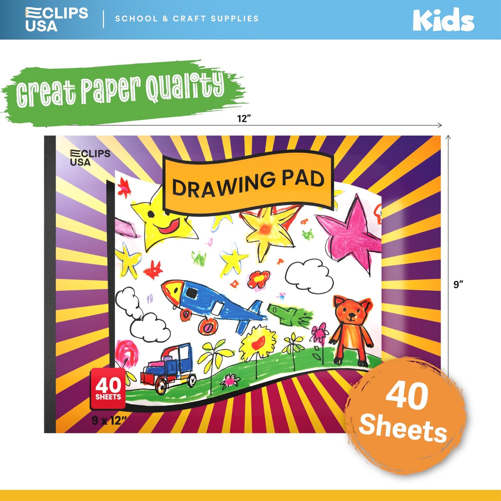E-CLIPS USA kids sketch book with drawing pad and paper, perfect for young artists to sketch and create drawings.