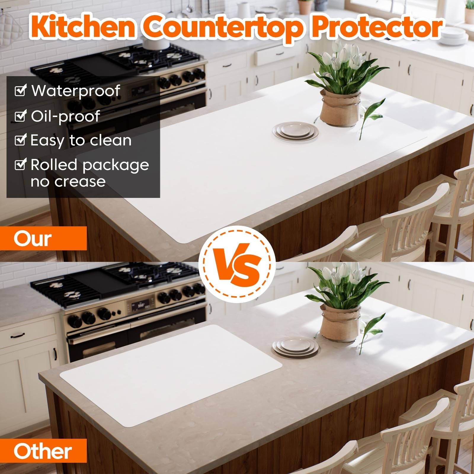 Large Golesh silicone kitchen counter protector mat, heat resistant and waterproof, 72x16 inches for kitchen surface protection.