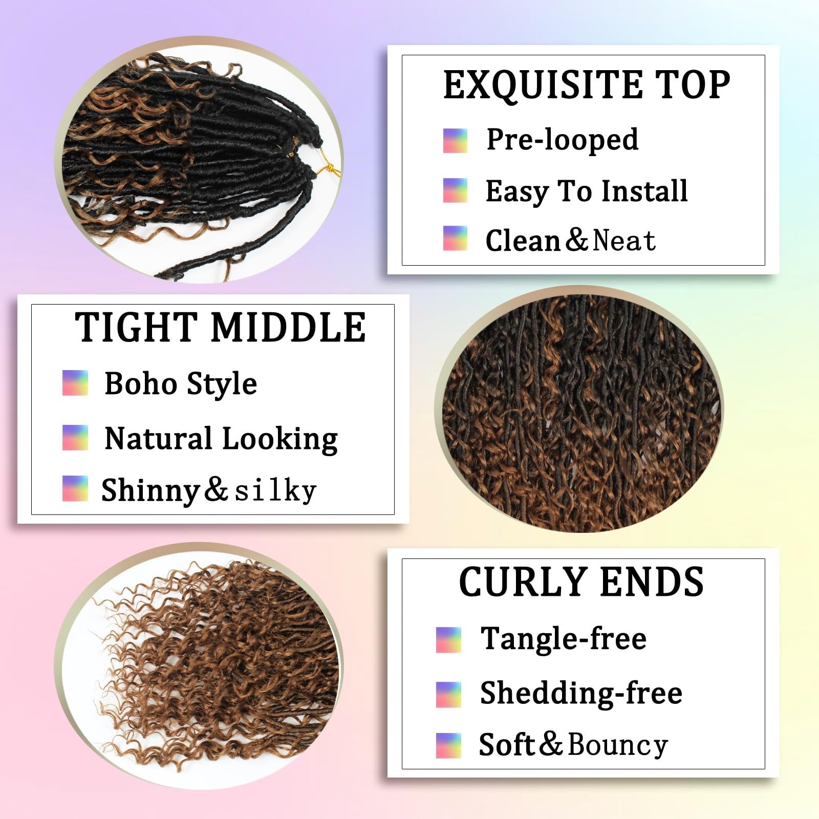 Trekci boho faux locs crochet hair, 30-inch goddess locs in soft, natural style, displayed in eight packs for hair extension.