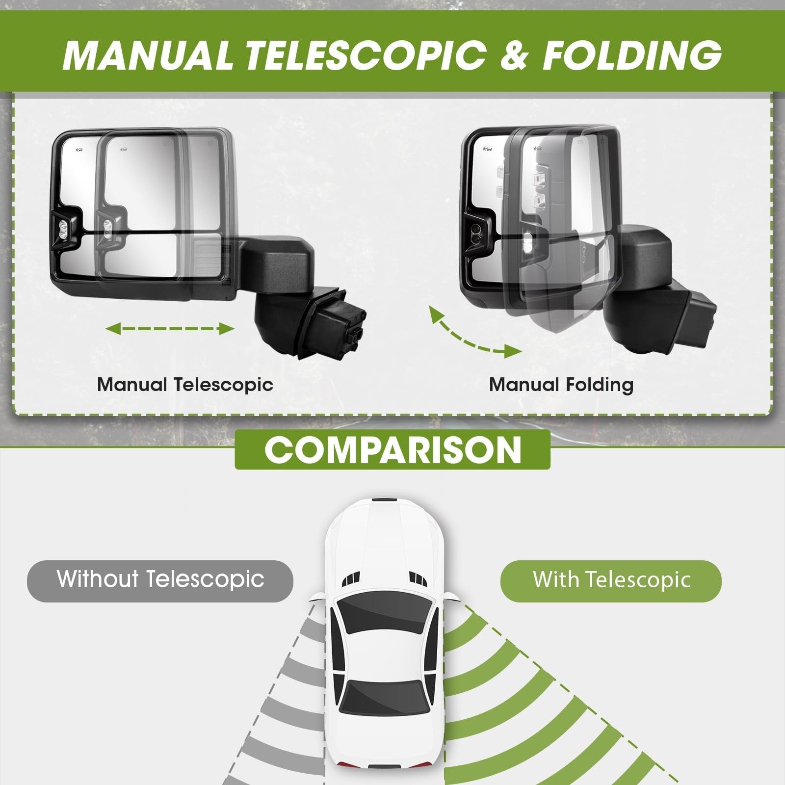 Siziom textured driver side tow mirror for Chevy Silverado and GMC Sierra 2500/3500HD, showing the mirror housing and mounting details.