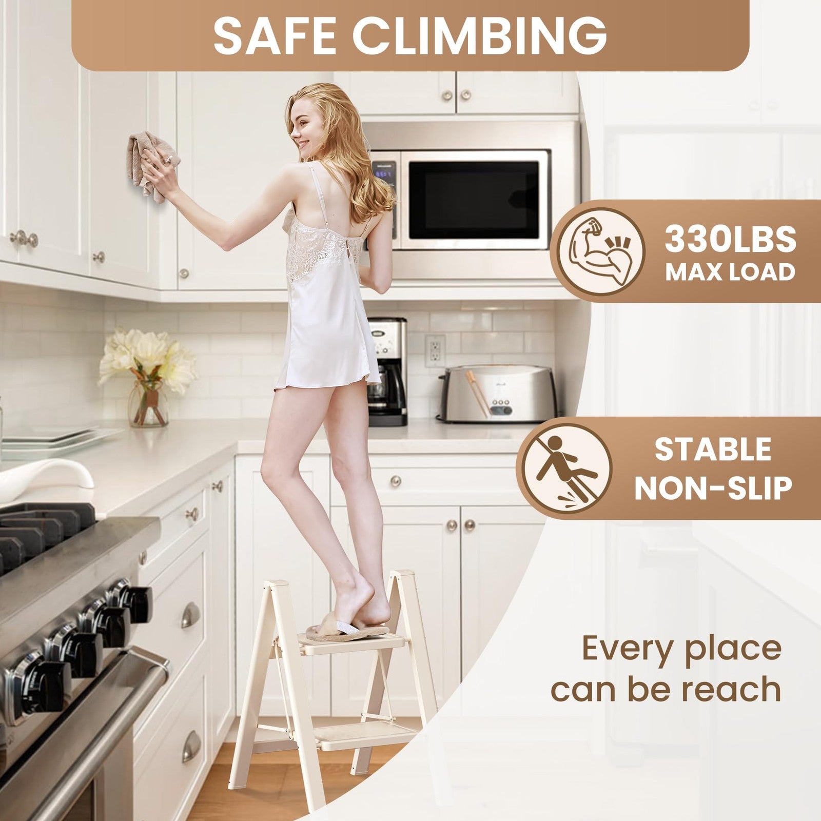 GameGem 2-step folding ladder with wide anti-slip pedals and 330 lbs capacity, ideal as a sturdy step stool.
