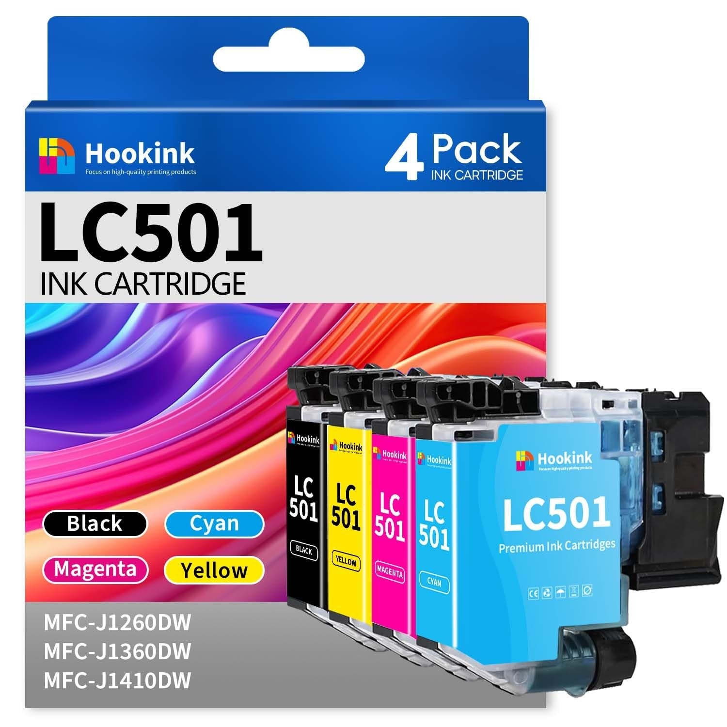 Hookink LC501XL ink cartridges compatible with Brother LC501 ink, shown in a set of black and color cartridges for Brother printers.