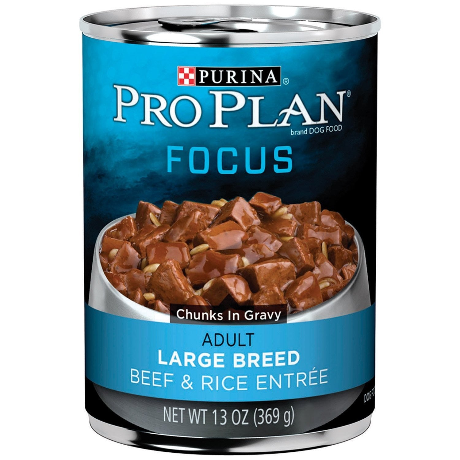 Cans of Purina Pro Plan Gravy Wet Dog Food for large breed dogs with beef and rice, showing the product label and serving size.