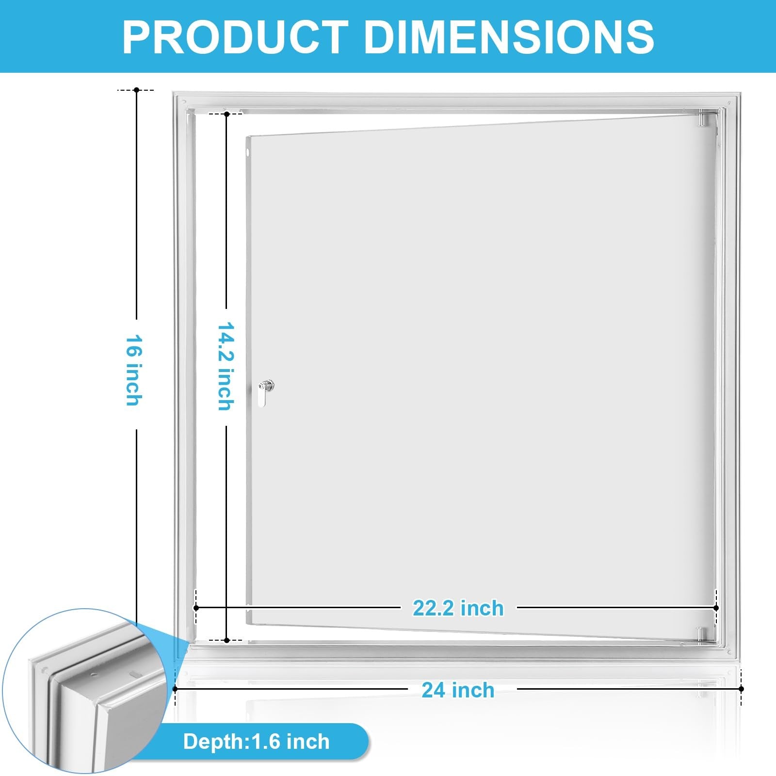 Qlyyopsk drywall access panel 16x24 inches with lock and key for ceiling installation, shown open on a ceiling surface.