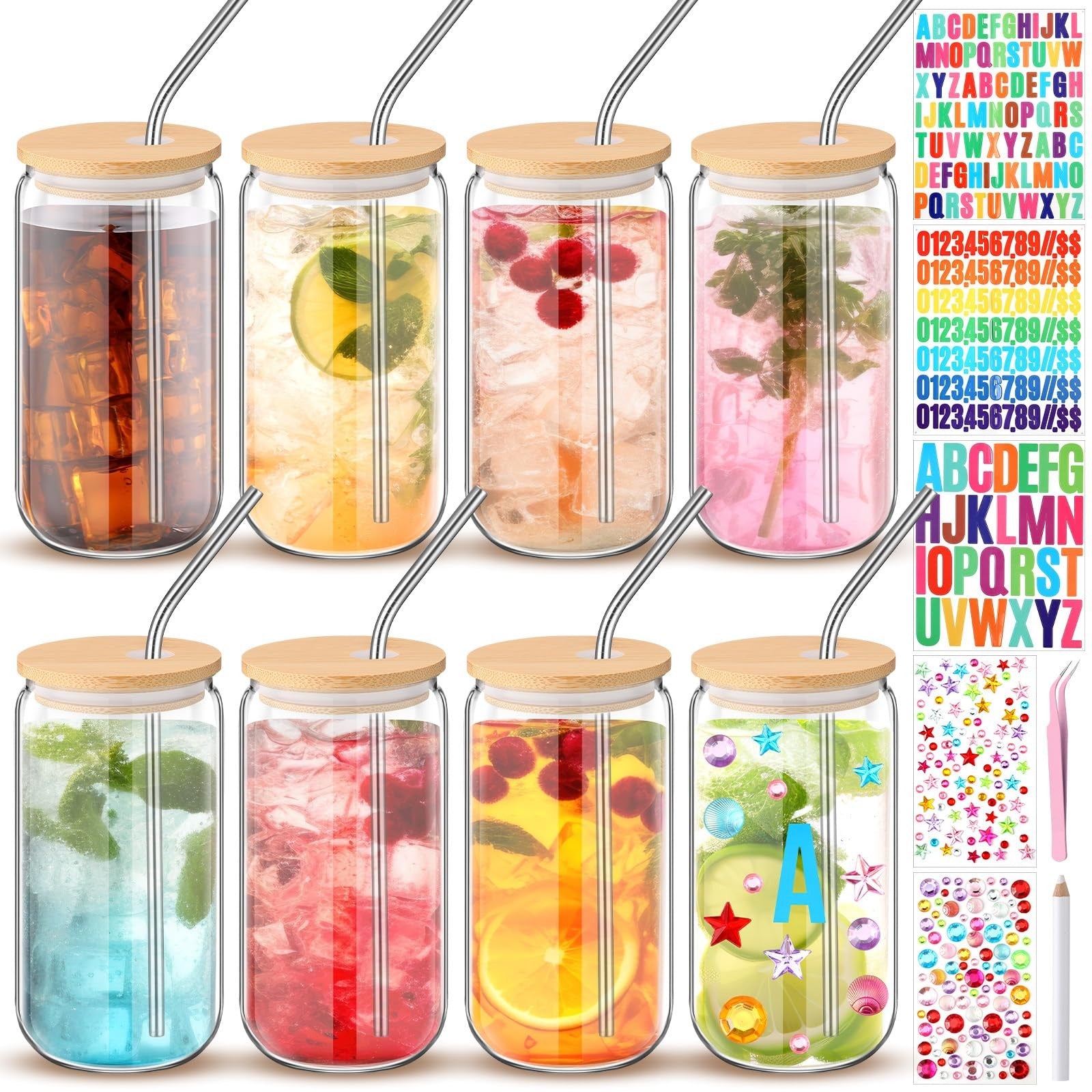 Yetene 8-pack plastic mason jars with lids and straws, acrylic beer can style, 16oz capacity, clear and durable design