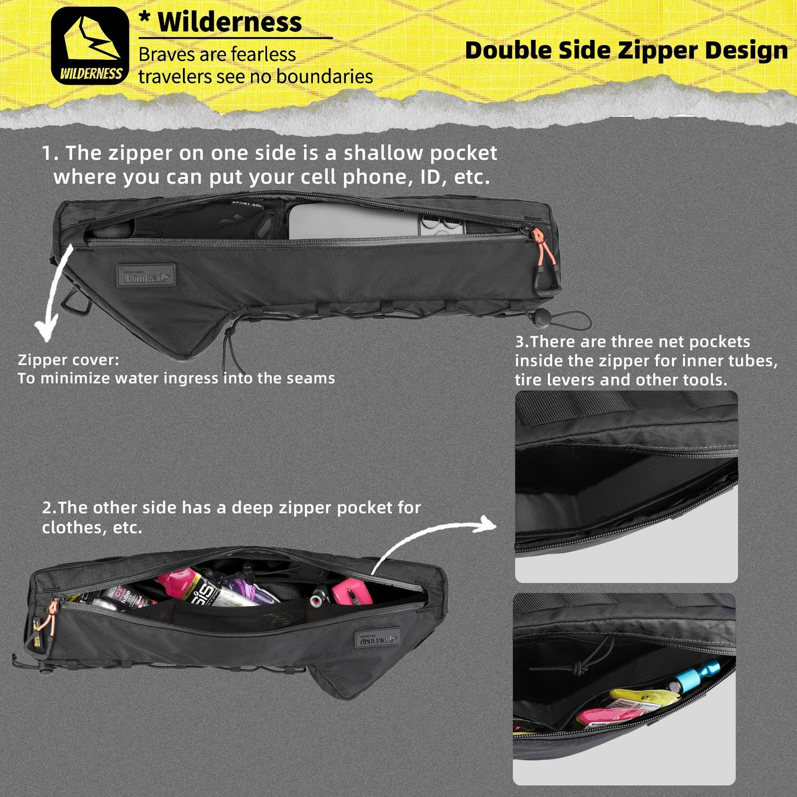 Rhinowalk bicycle front frame bag mounted under top tube, waterproof triangle bag for bike storage, close-up view.