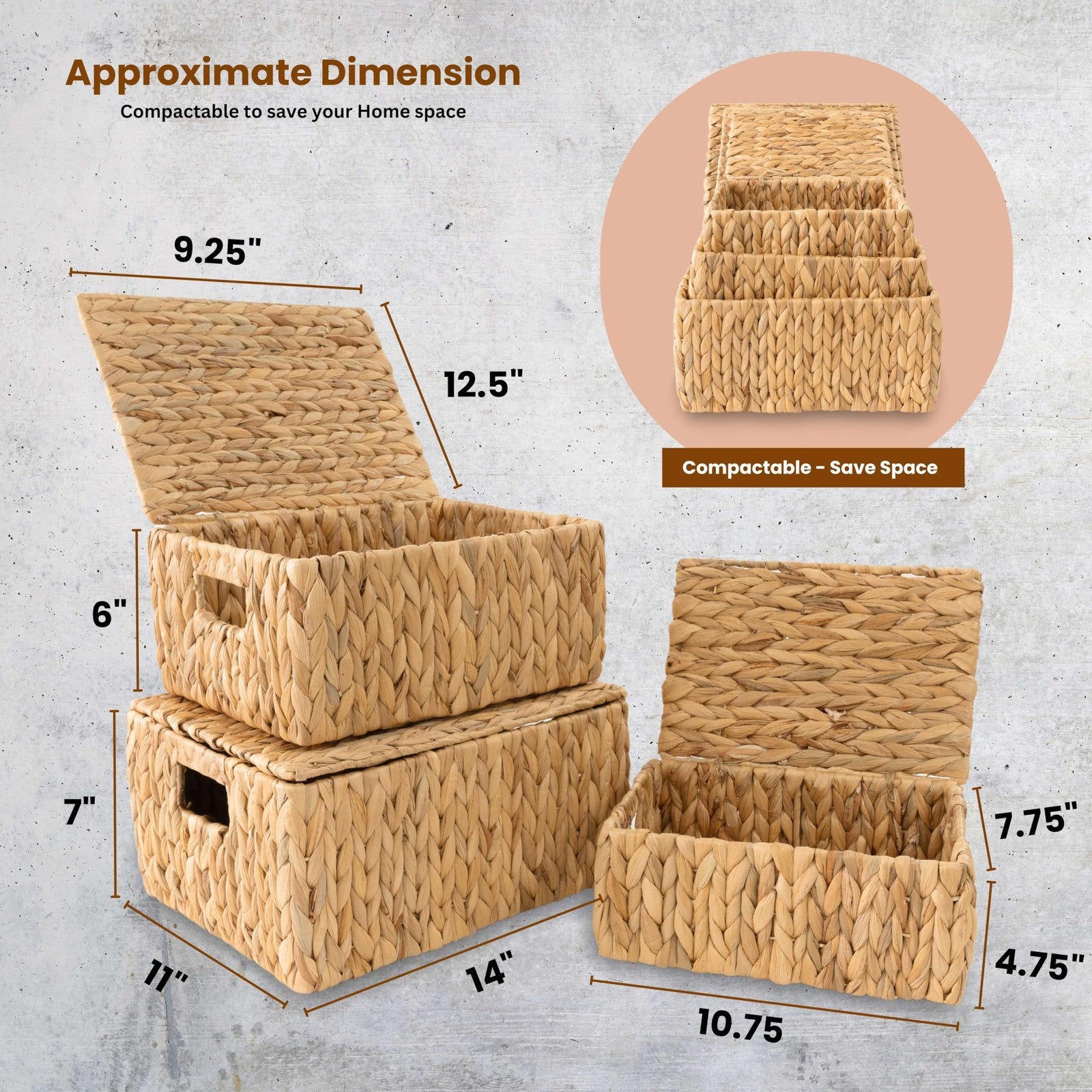 Set of three KOLWOVEN wicker storage baskets with lids, rectangular decorative storage bins for organization and home decor.