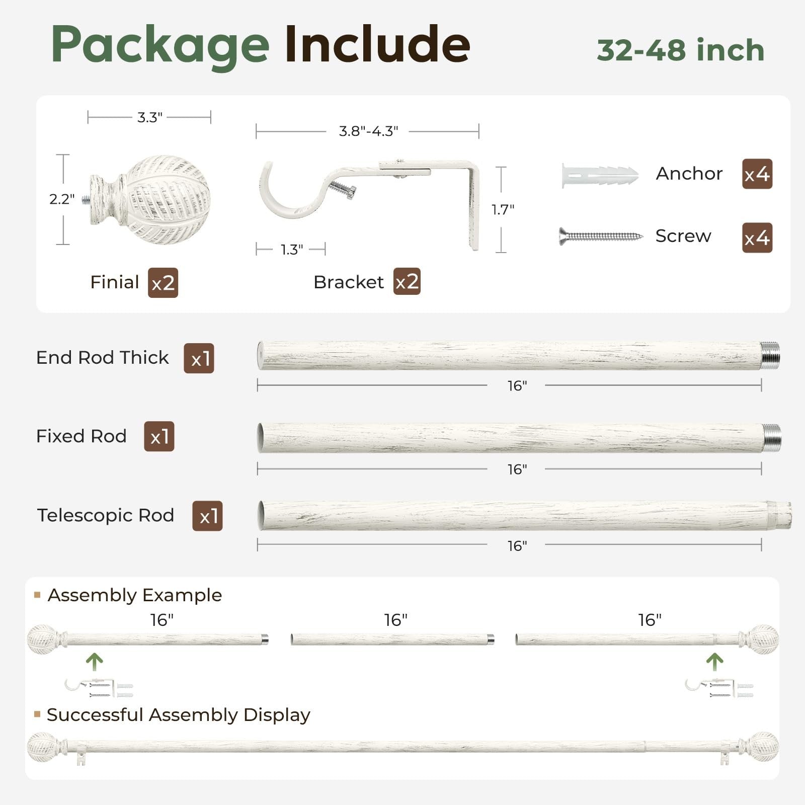 Zeerobee 1-inch wood curtain rod with brackets, adjustable from 32 to 48 inches, for heavy-duty window drapery.