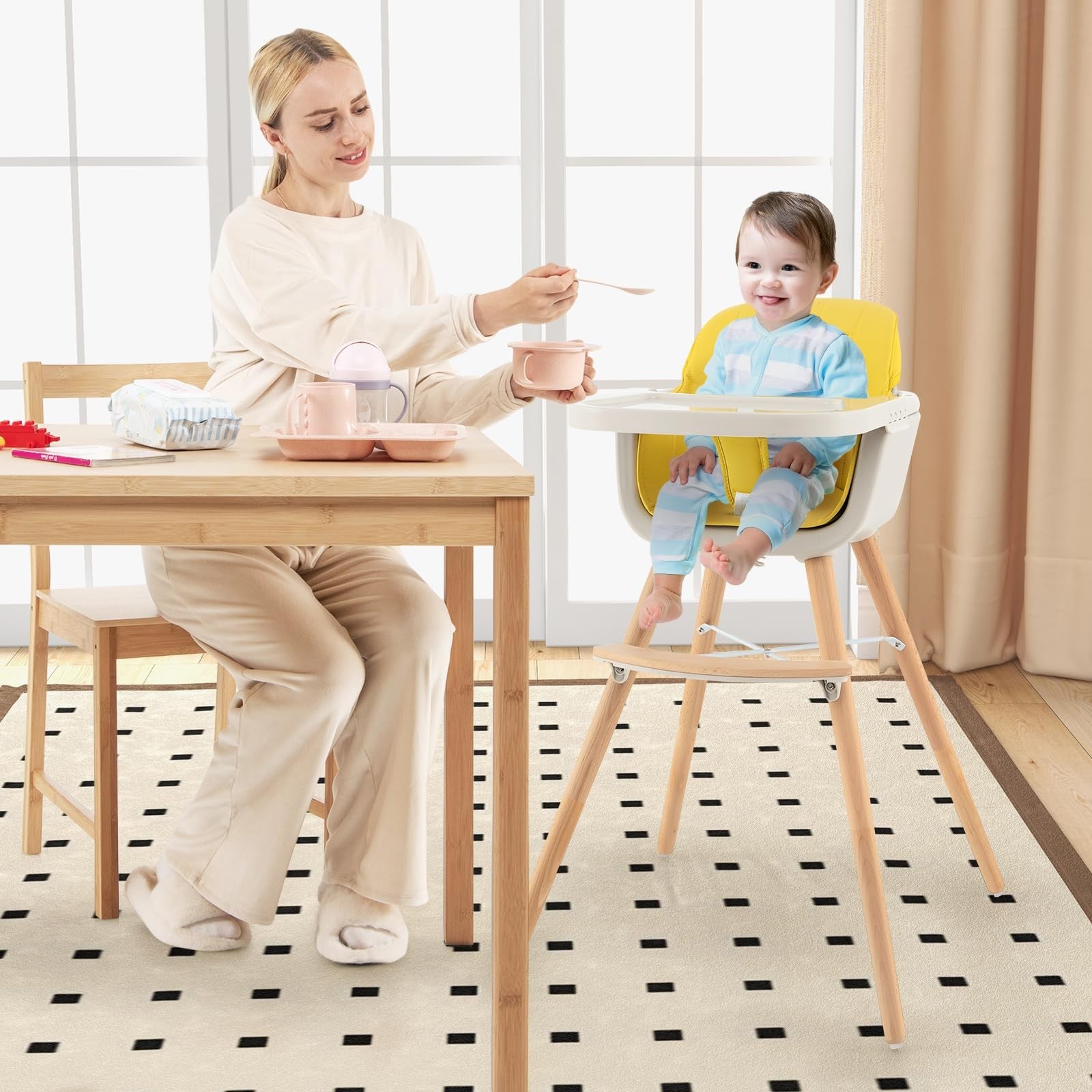 Honey Joy high chair in natural wood finish, versatile 3-in-1 toddler booster seat with adjustable features and safety straps.