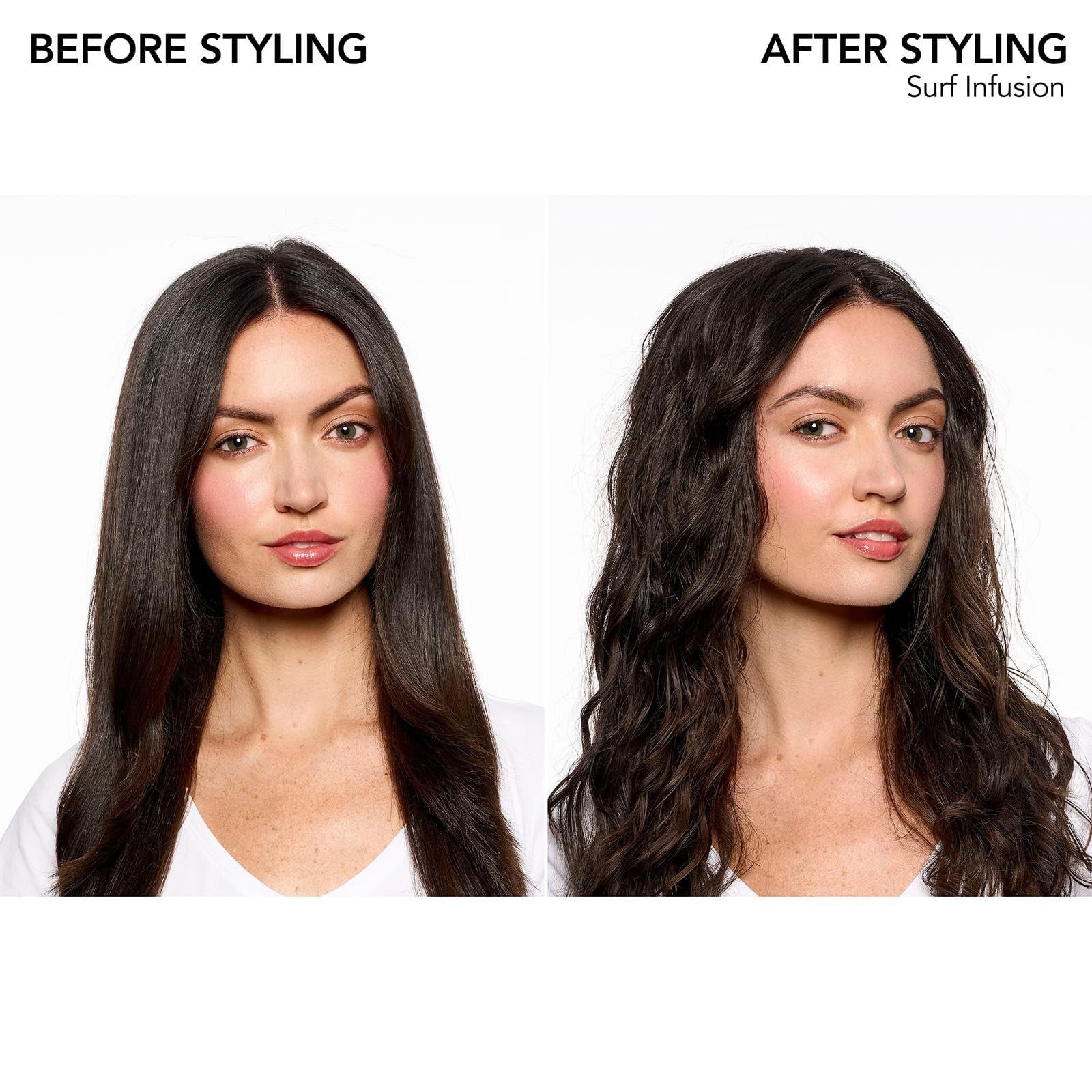Bumble and bumble Surf Infusion Sea Salt Spray bottle with textured hair and beachy waves, showcasing the product's sea salt conditioning benefits.