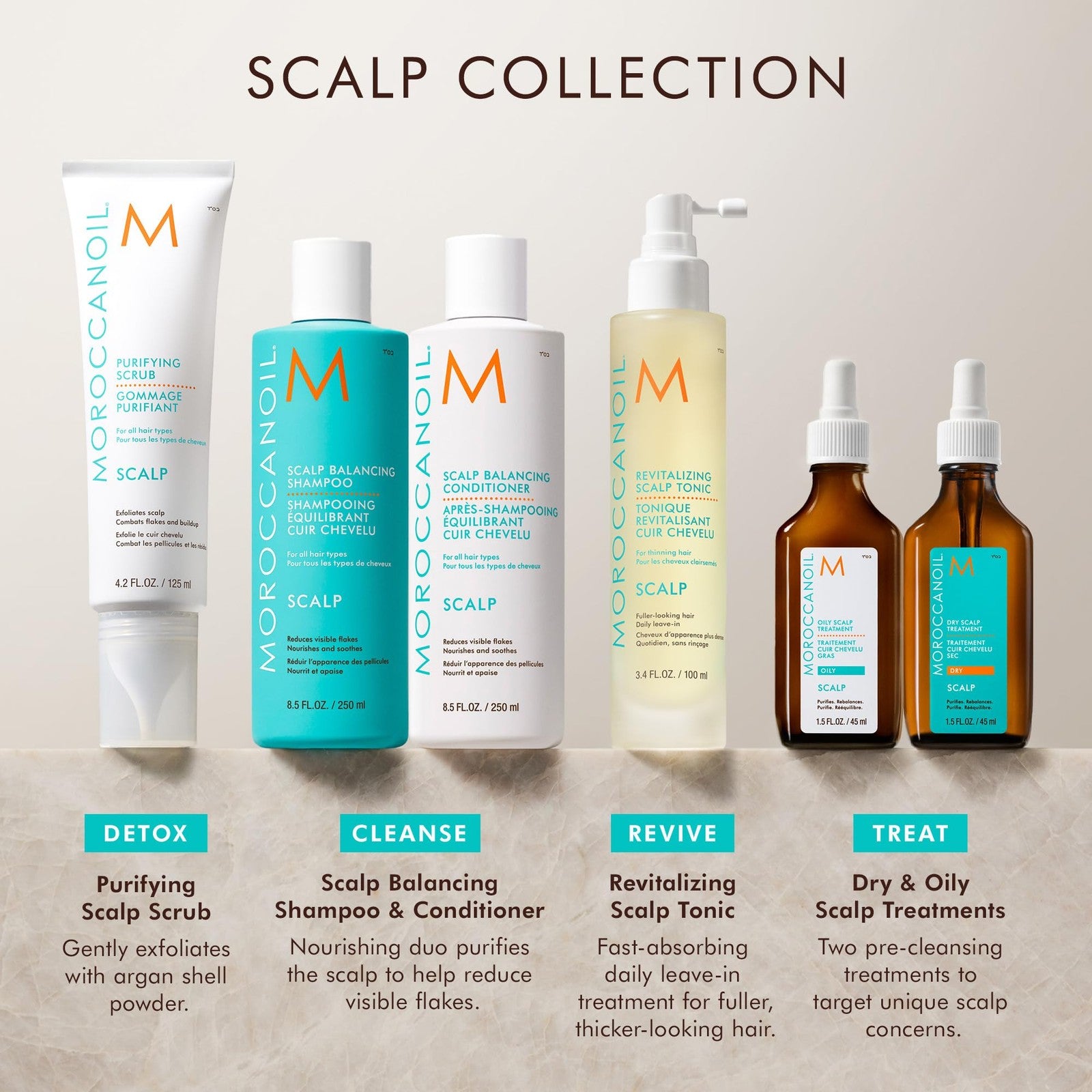 Moroccanoil Revitalizing Scalp Tonic Treatment for thinning hair, showing the bottle with applicator and scalp in the background.