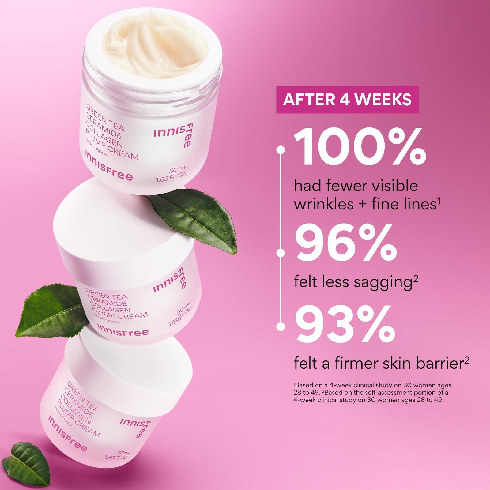 Innissfree Green Tea Ceramide Collagen Plump Cream jar showing the Korean face moisturizer with green tea extract and collagen for hydration.