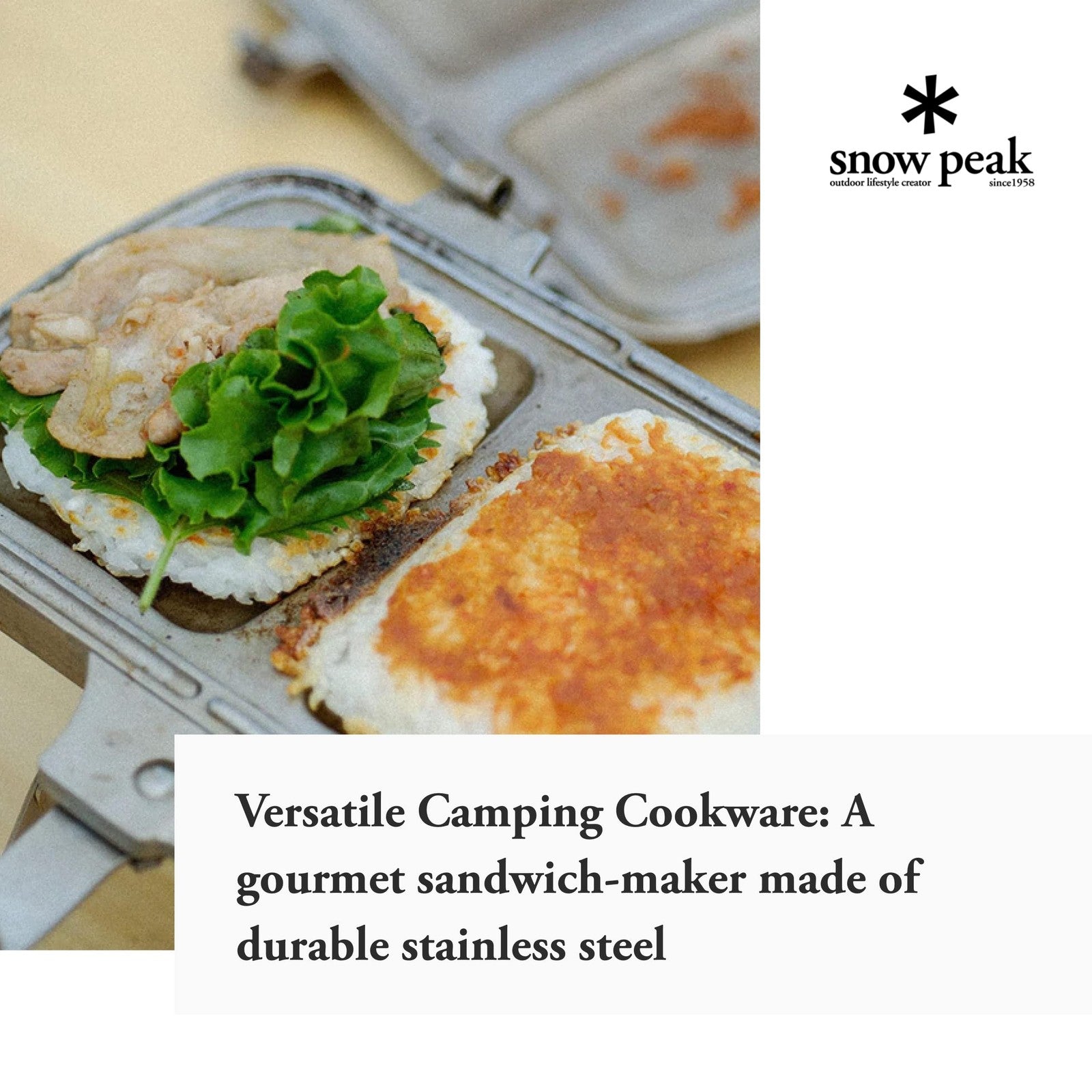 Snow Peak Toaster Cooker Tramezzino with stainless steel exterior and compact design for easy toasting and sandwich making.