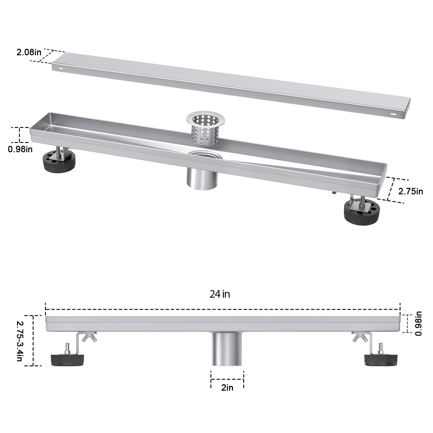 Brushed nickel 24-inch linear shower drain tile insert grate from Bmvlffs with rectangular design and modern finish.