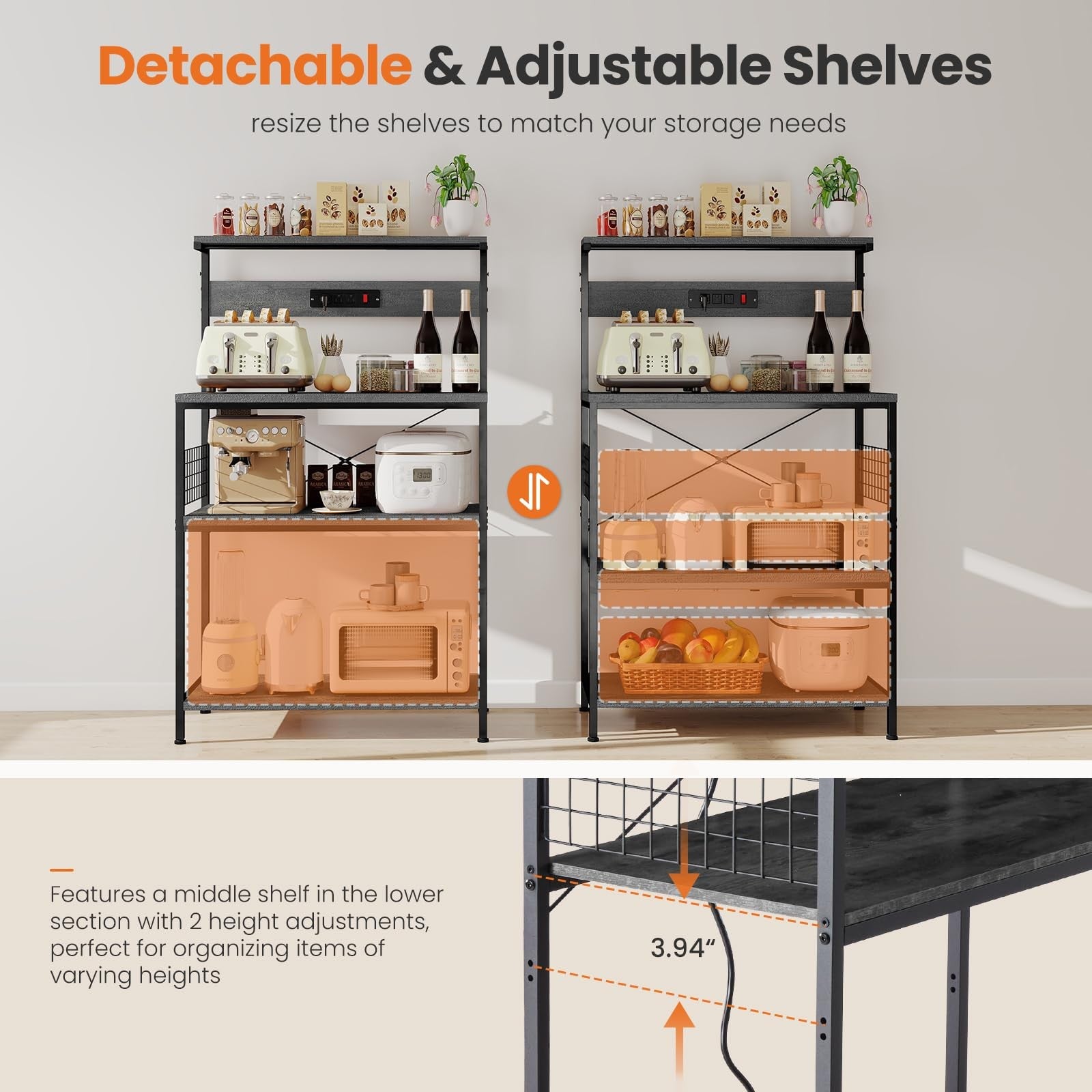 Sweetcrispy kitchen bakers rack with power outlet, 4-tier coffee bar table, microwave storage, and modern design.