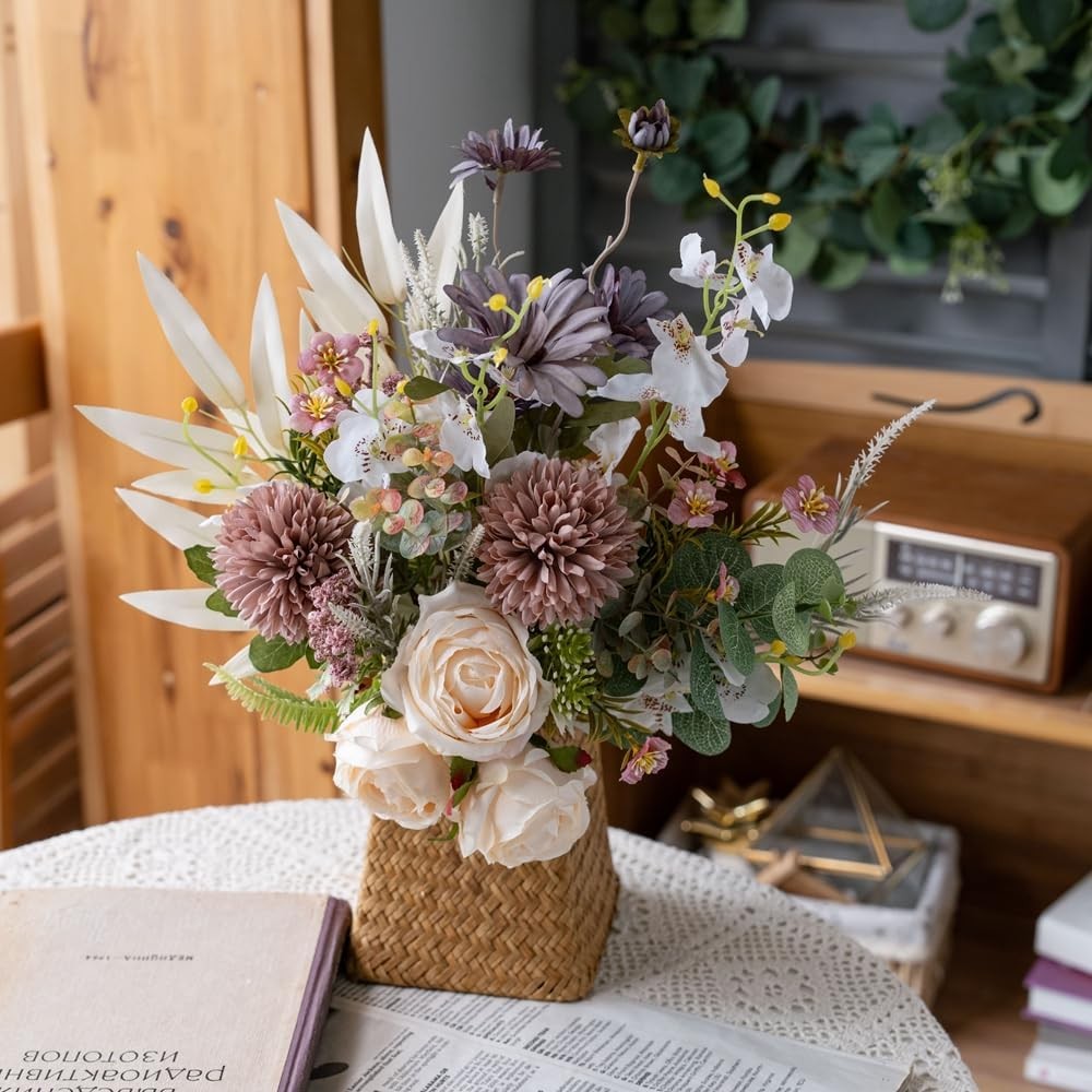 Peauley 16-inch artificial silk flower table arrangement with vibrant faux plastic flowers in a decorative display.