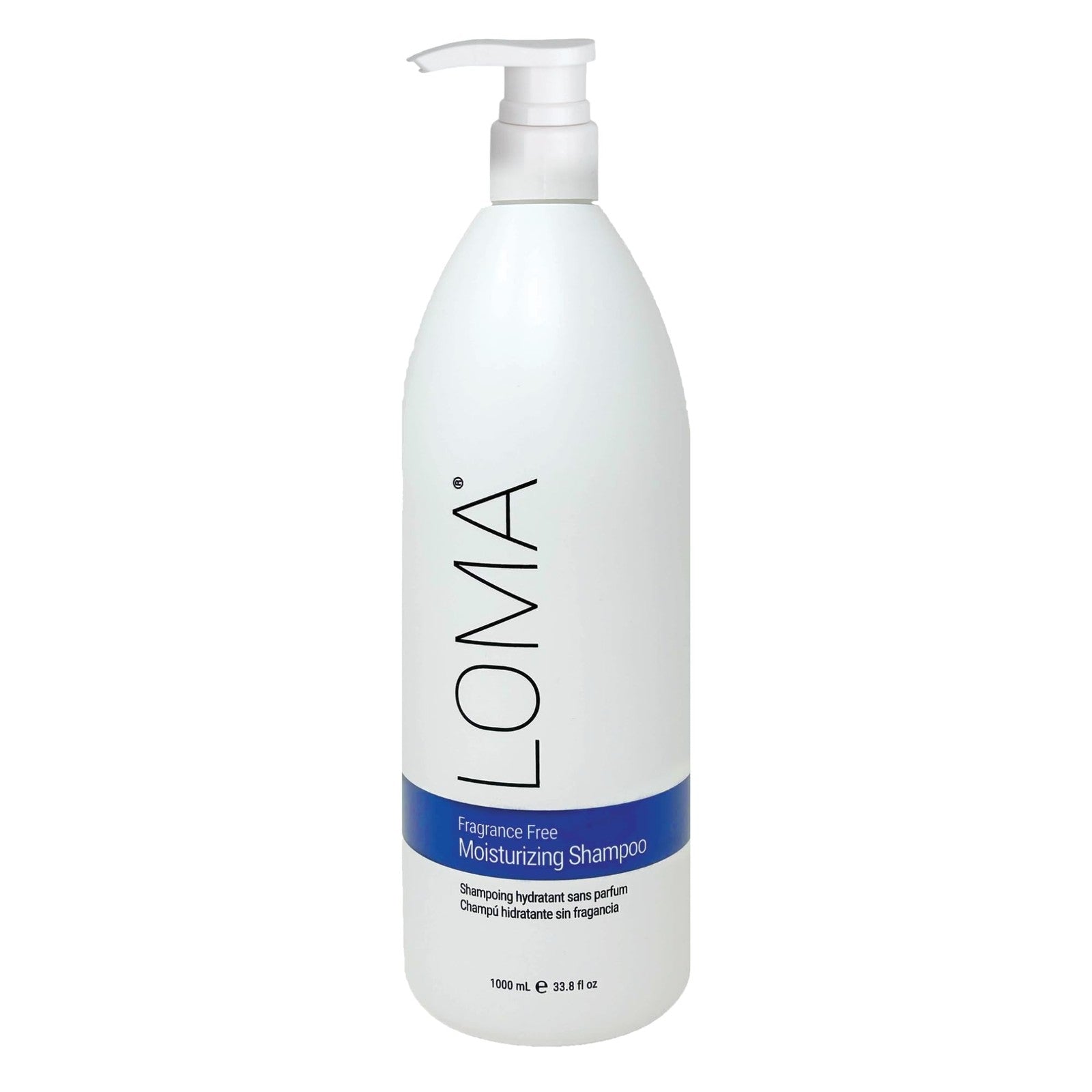 Loma fragrance-free moisturizing shampoo in a 33.8oz bottle, showing the white shampoo bottle with label and pump dispenser.