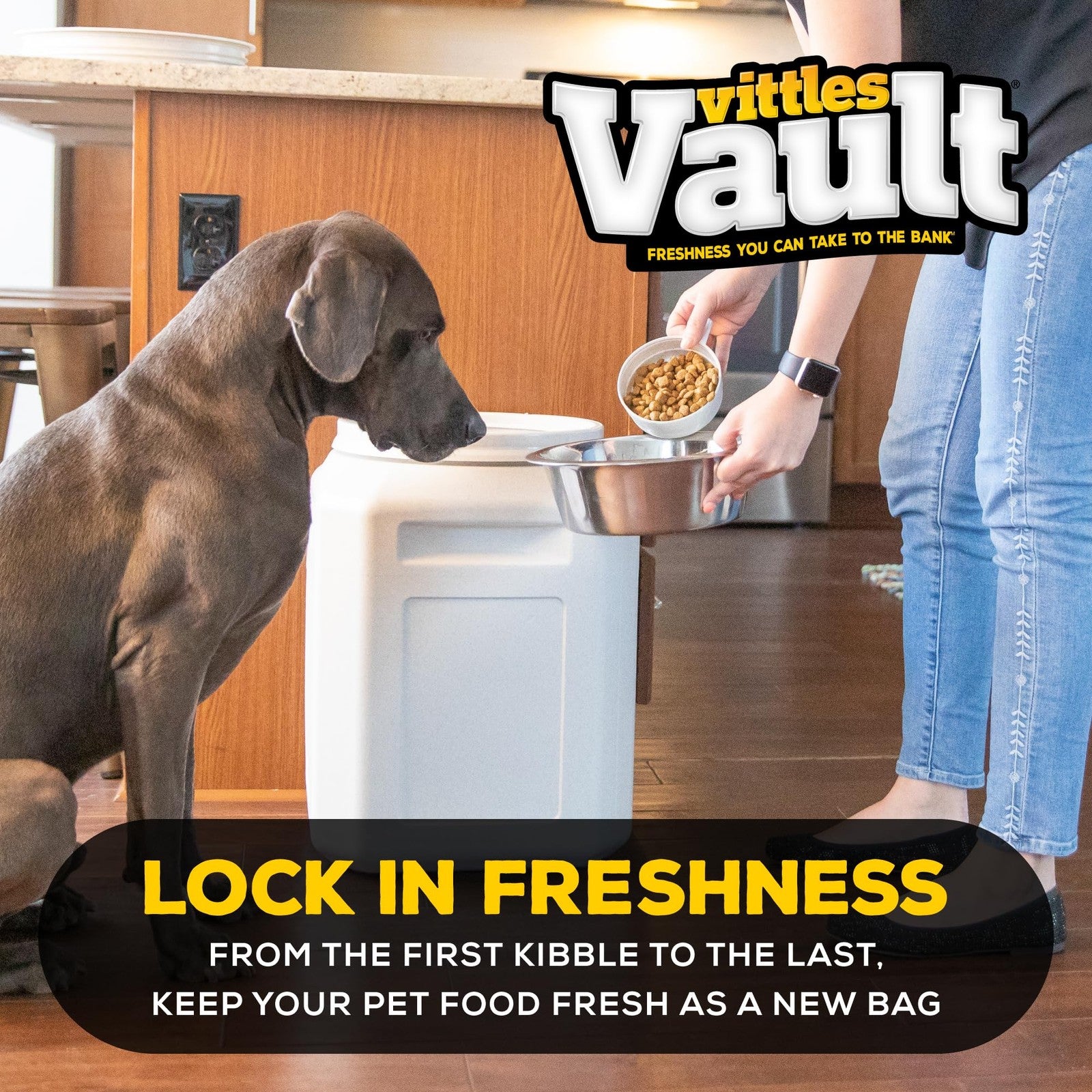 Gamma2 Vittles Vault pet food storage containers with airtight seals for dog and cat food, shown in a clean, organized kitchen setting.